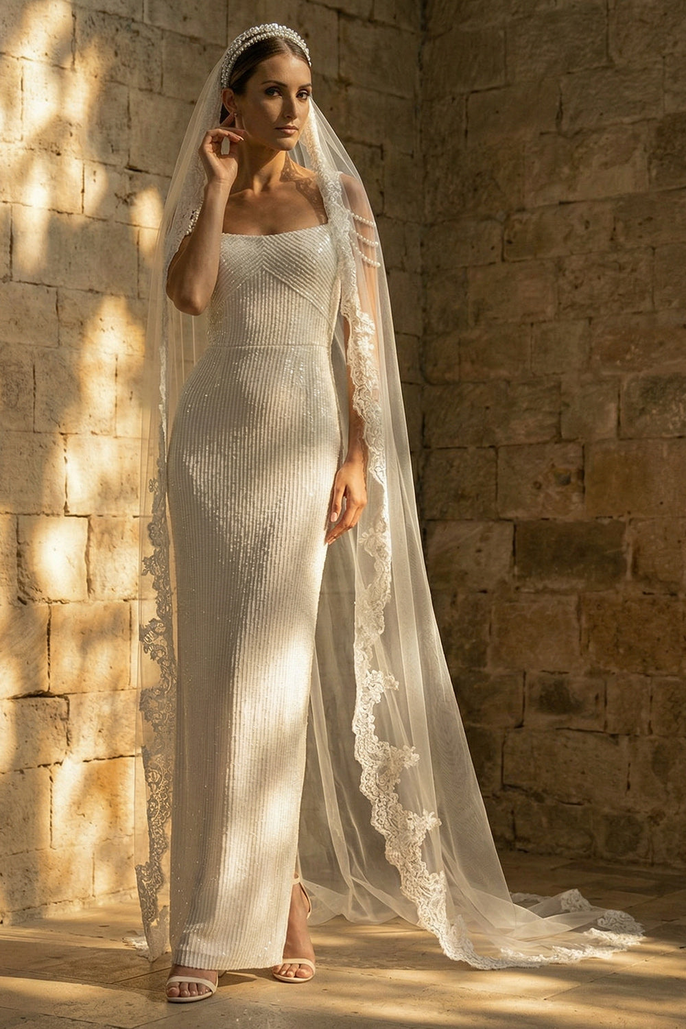 Sparkly White Sheath Maxi Sequin Wedding Reception Dress