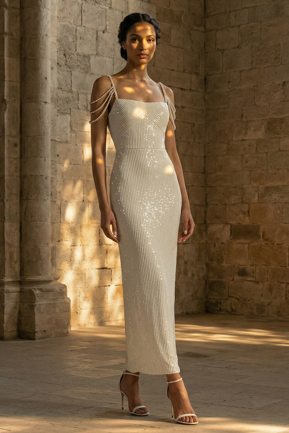 Sparkly White Beaded Sheath Maxi Sequin Wedding Reception Dress