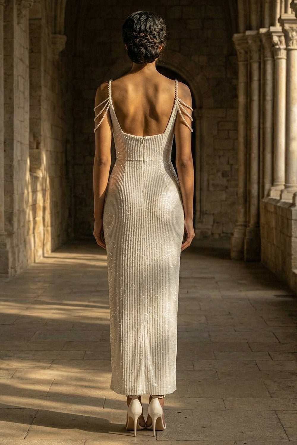 Sparkly White Beaded Sheath Maxi Sequin Wedding Reception Dress