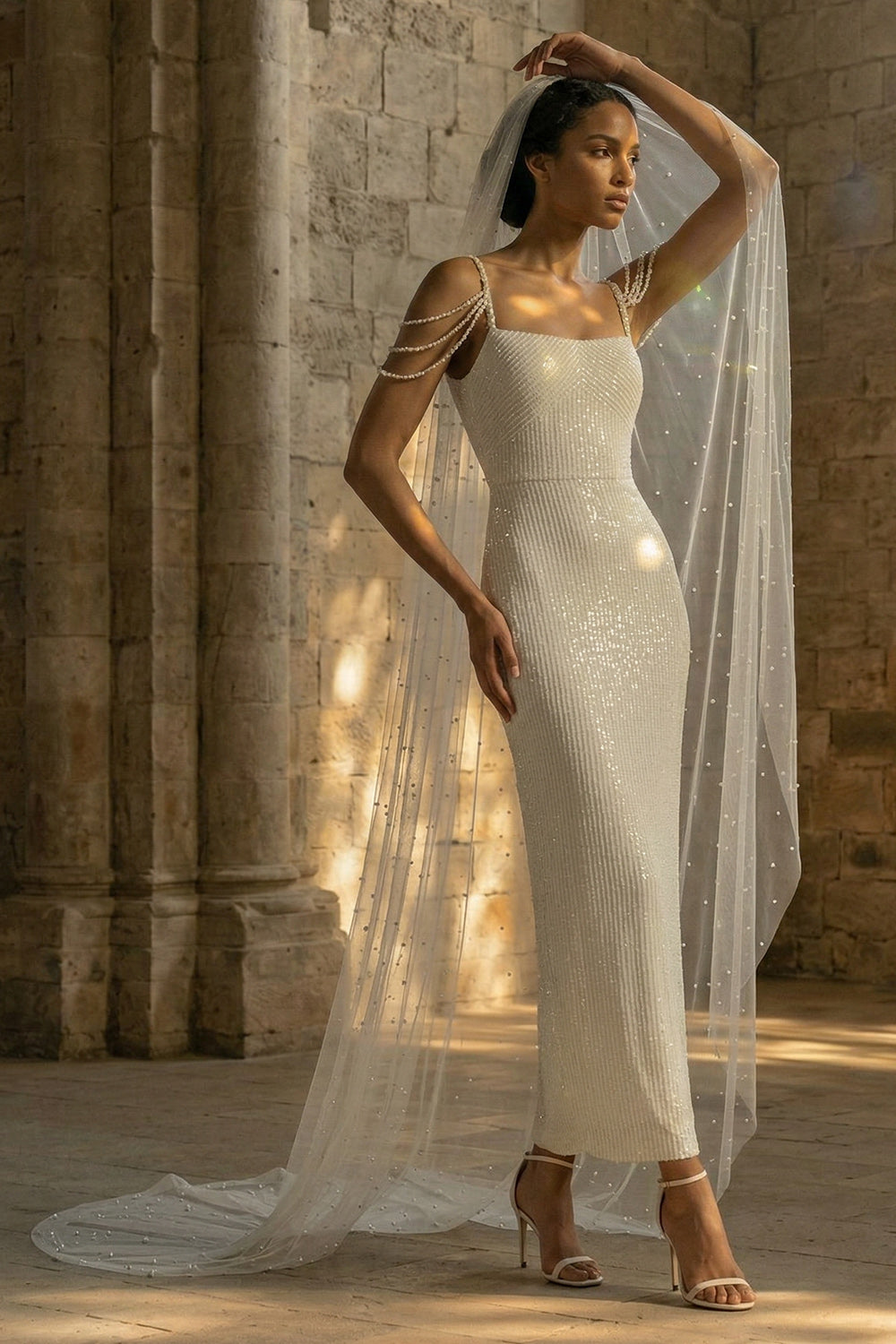 Sparkly White Beaded Sheath Maxi Sequin Wedding Reception Dress