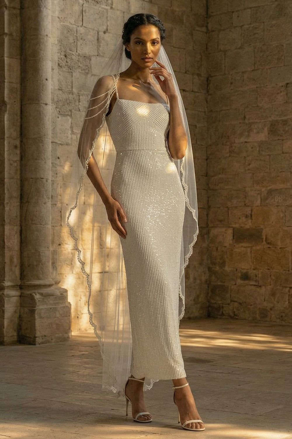 Sparkly White Beaded Sheath Maxi Sequin Wedding Reception Dress