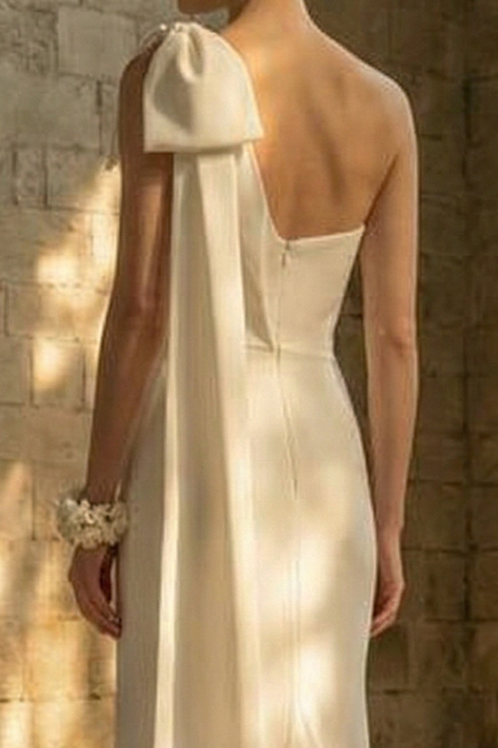 Maxi White One Shoulder Mermaid Beach Wedding Reception Dress with Bow