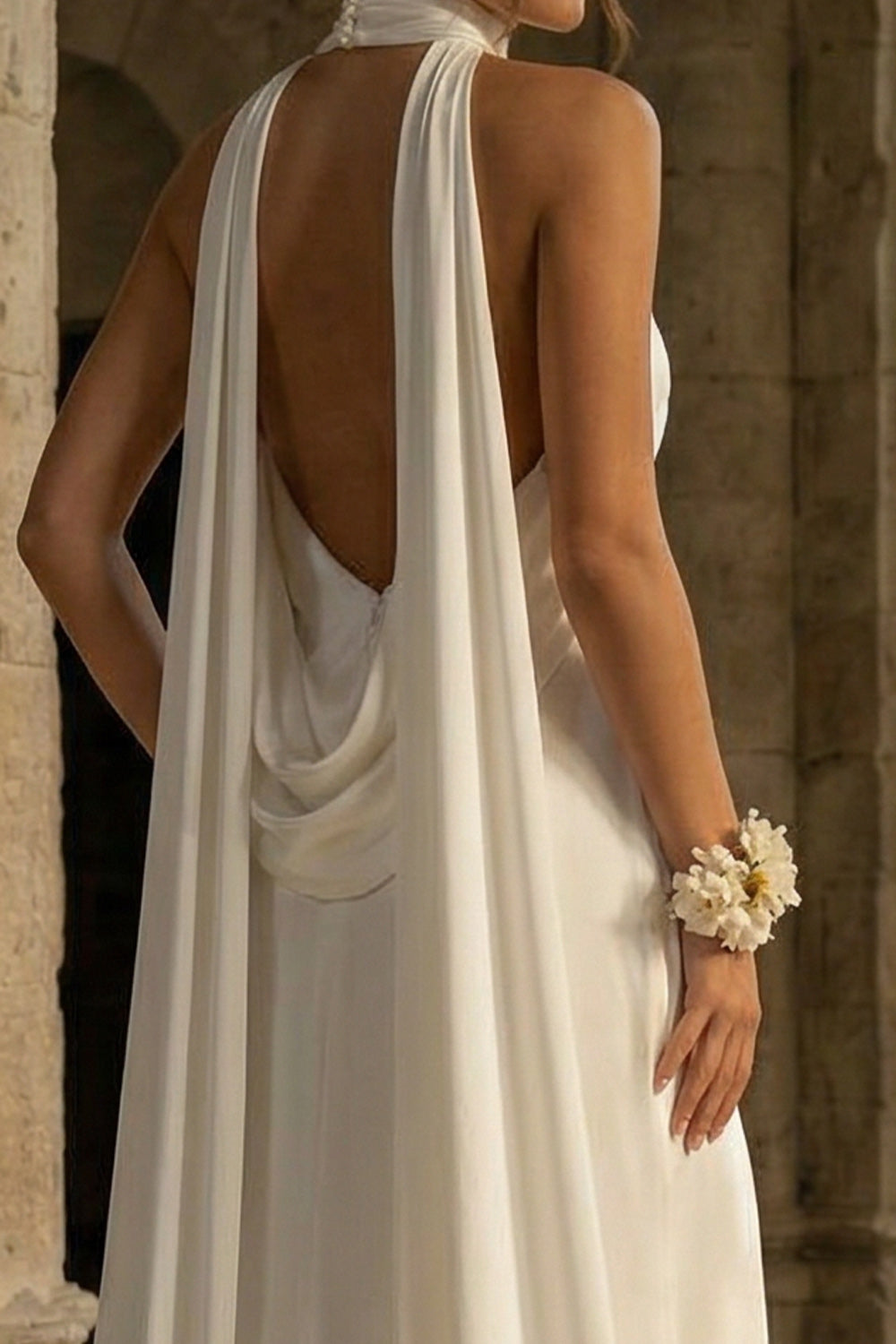 White High Neck Mermaid Ruched Maxi Beach Wedding Reception Dress with Slit