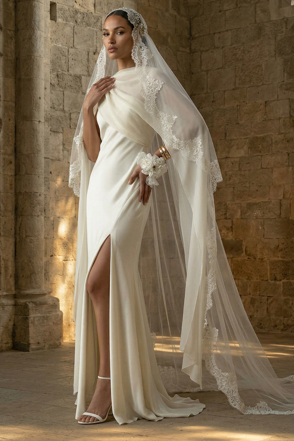 White Maxi Beach Sheath Wedding Reception Dress with Cape