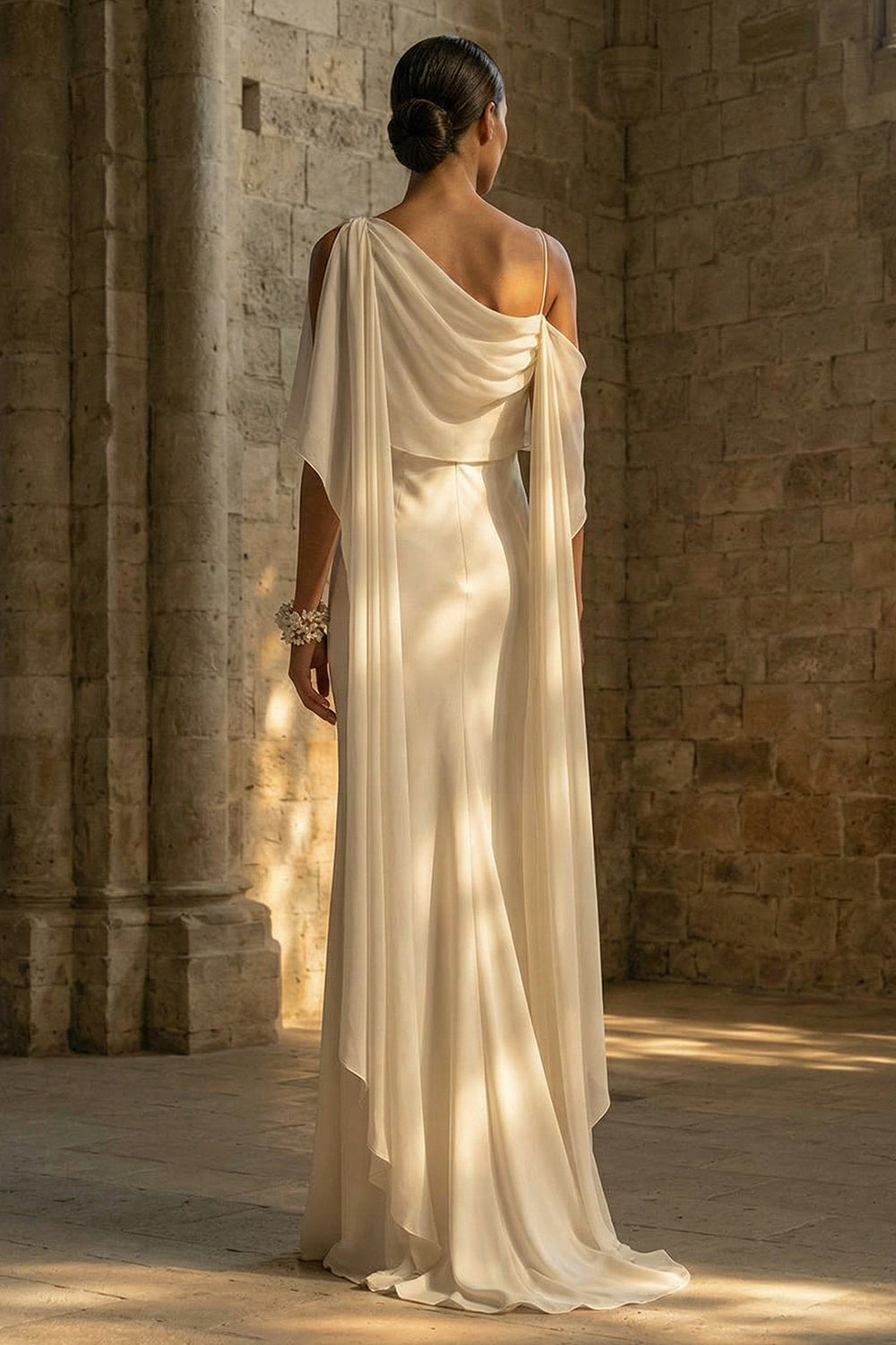 White Spaghetti Straps Beach Sheath Maxi Wedding Reception Dress with Cape