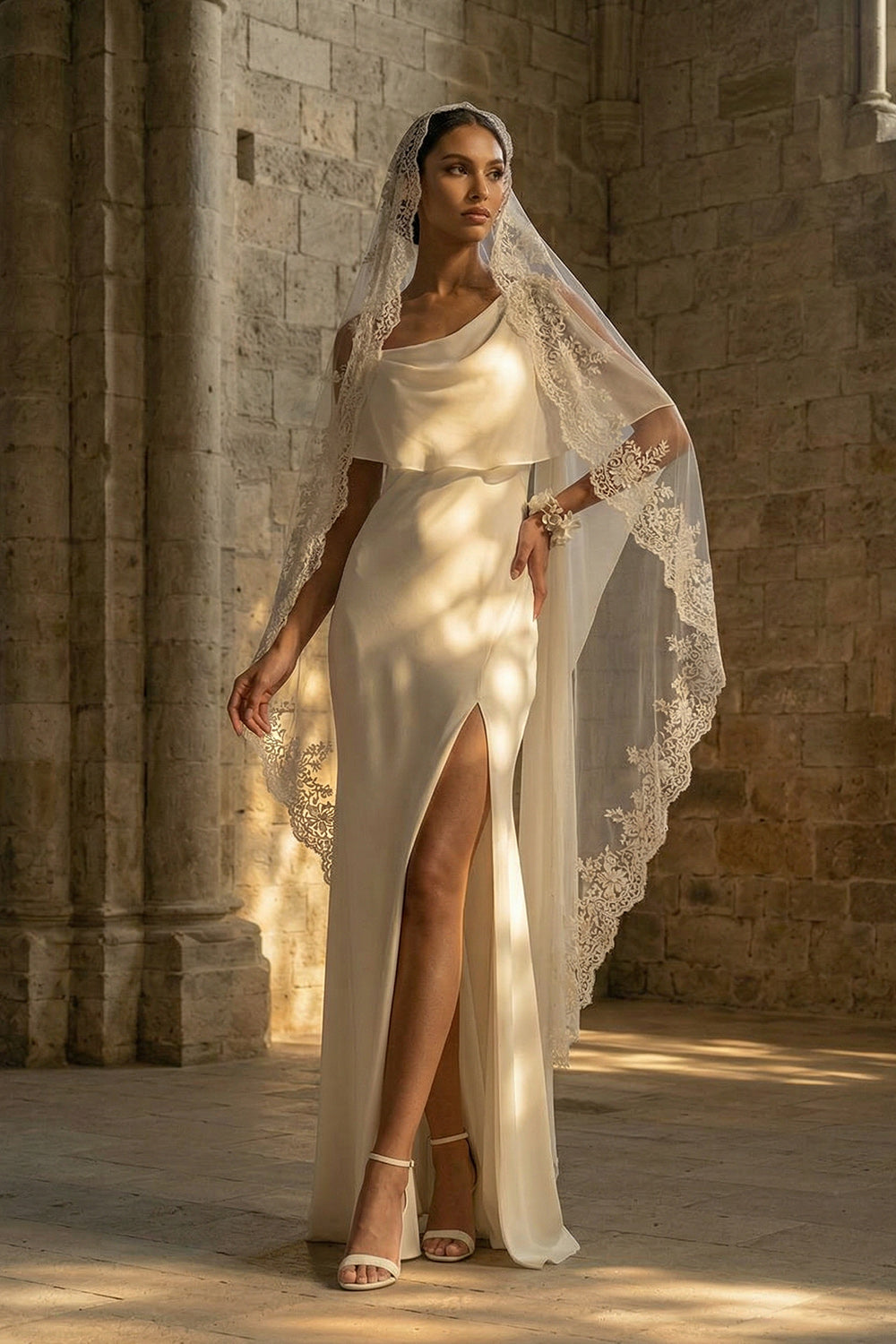 White Spaghetti Straps Beach Sheath Maxi Wedding Reception Dress with Cape