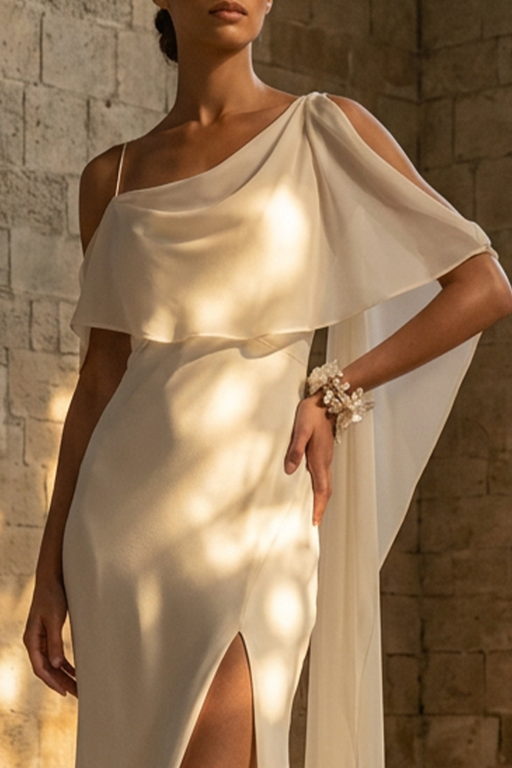 White Spaghetti Straps Beach Sheath Maxi Wedding Reception Dress with Cape