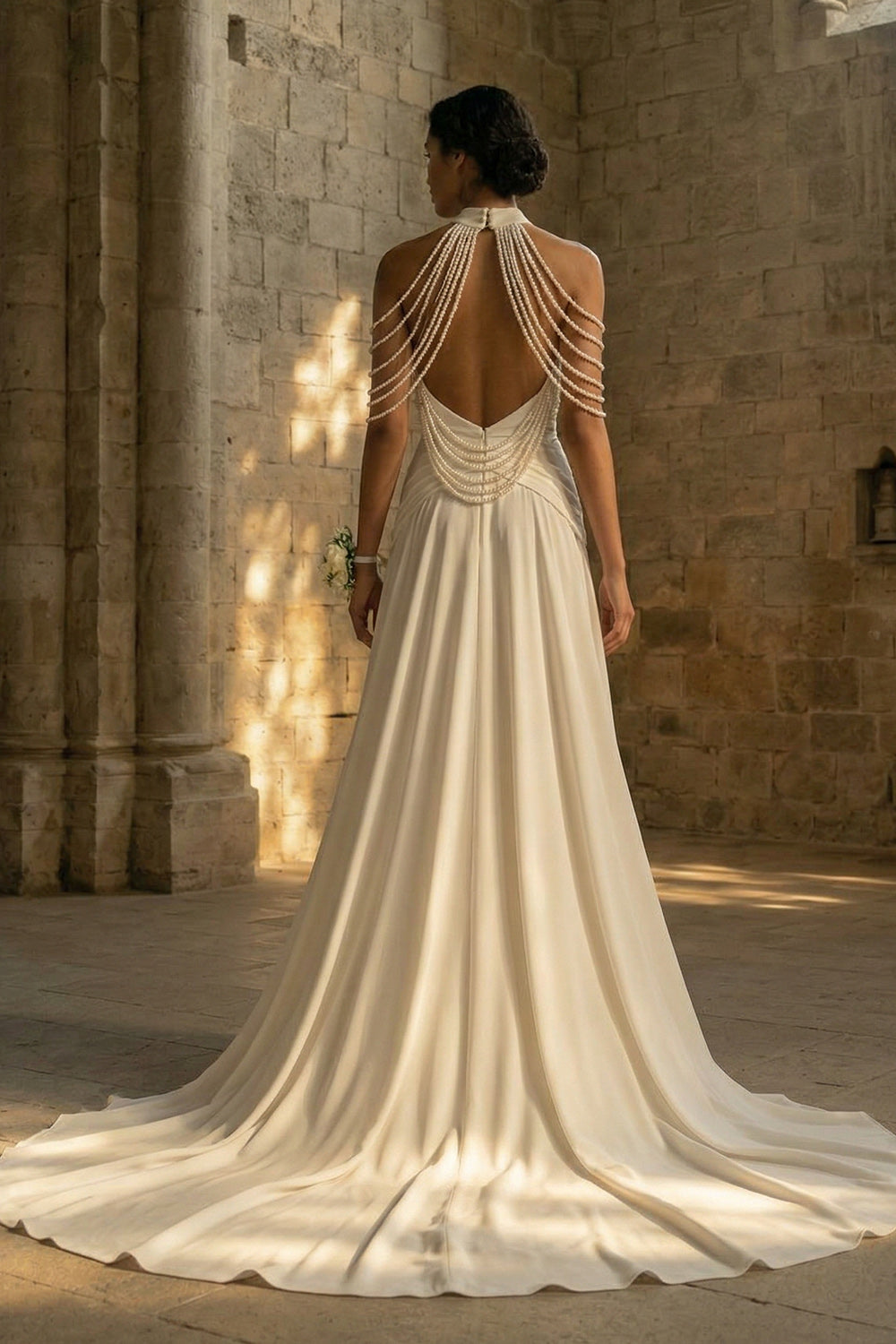 White Beaded Mermaid Ruched Maxi Boho Wedding Reception Dress