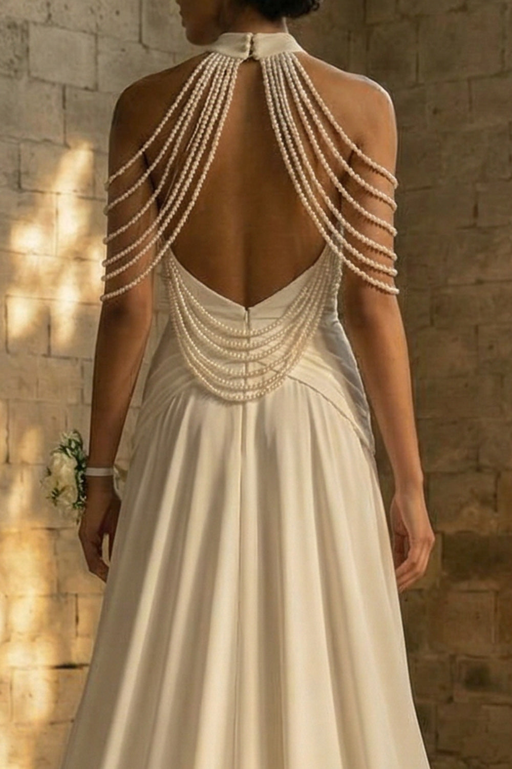 White Beaded Mermaid Ruched Maxi Boho Wedding Reception Dress