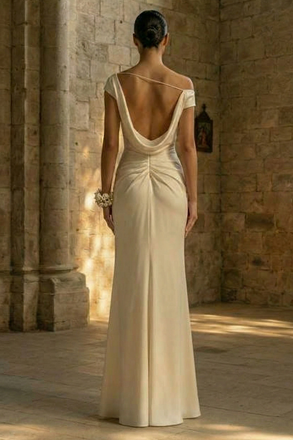 White Ruched Sheath Beach Maxi Wedding Reception Dress with Slit