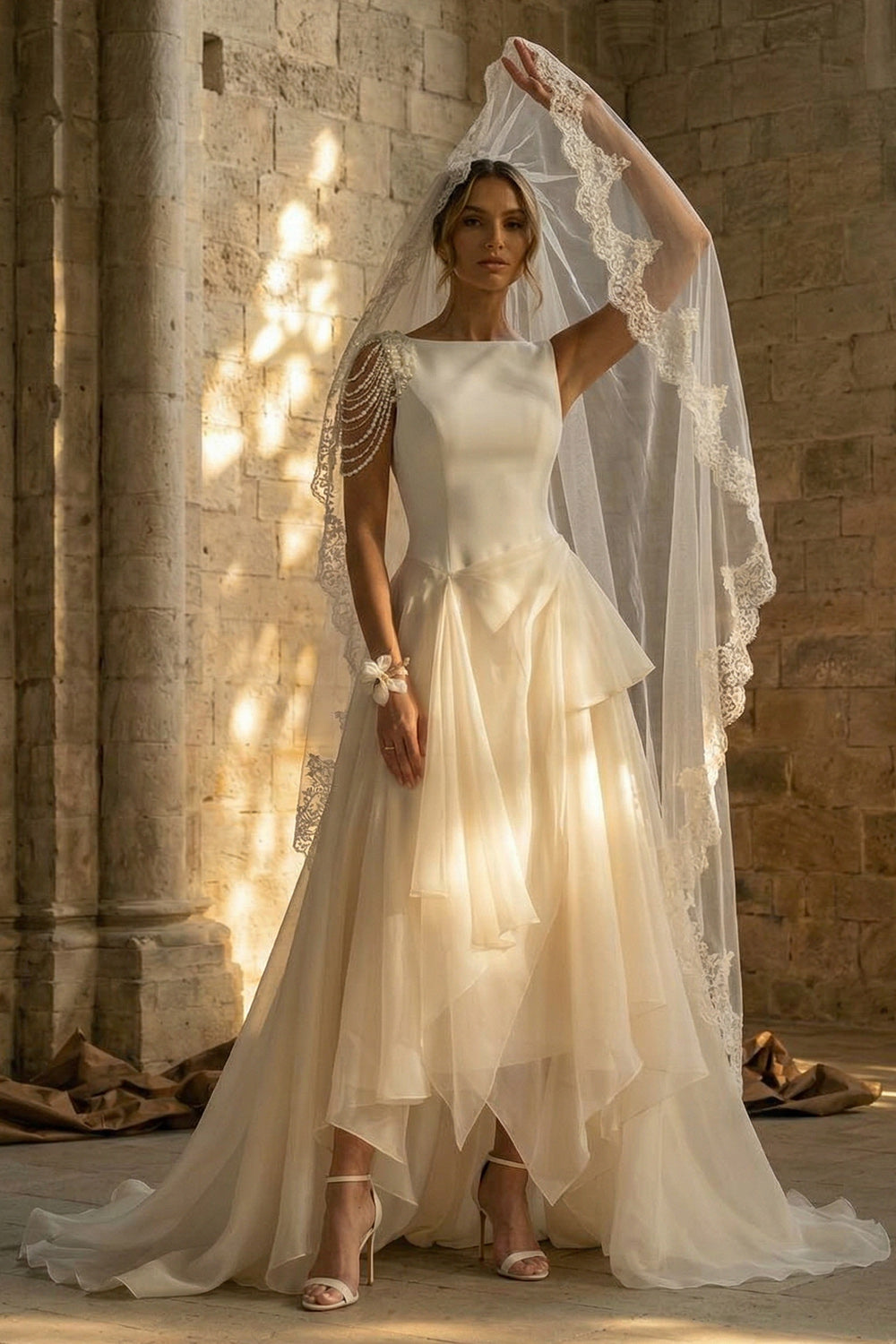 White A Line Boho Maxi Wedding Reception Dress with Ruffles