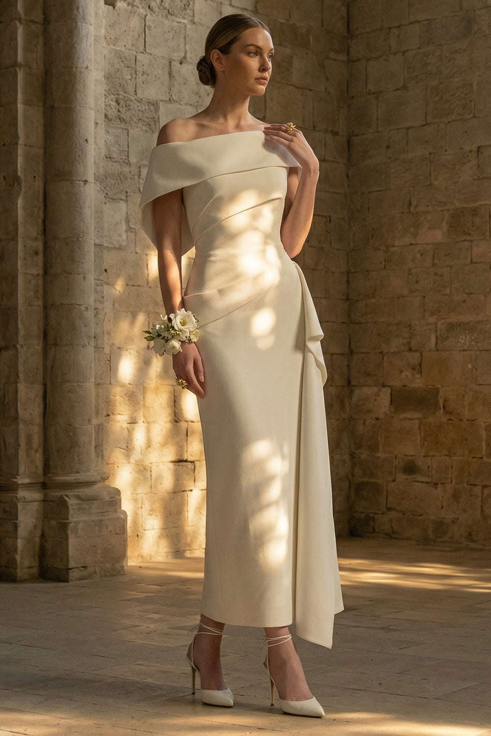 White Ruched Sheath Maxi Beach Wedding Reception Dress with Side Cape