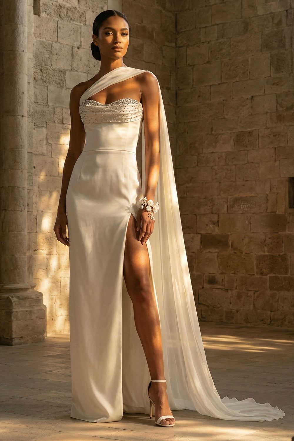 White Beach Sheath One Shoulder Maxi Wedding Reception Dress with Side Cape