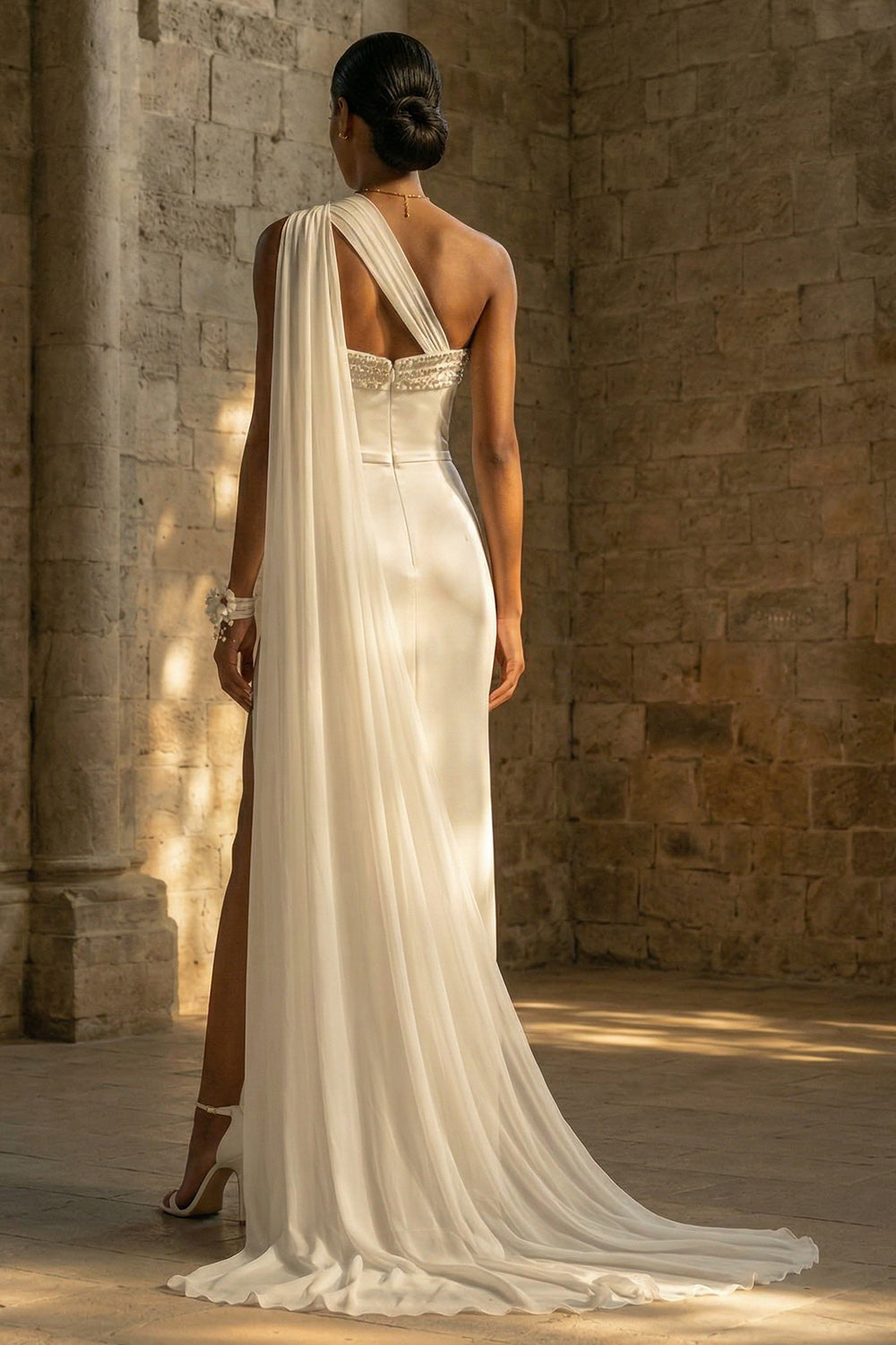 White Beach Sheath One Shoulder Maxi Wedding Reception Dress with Side Cape