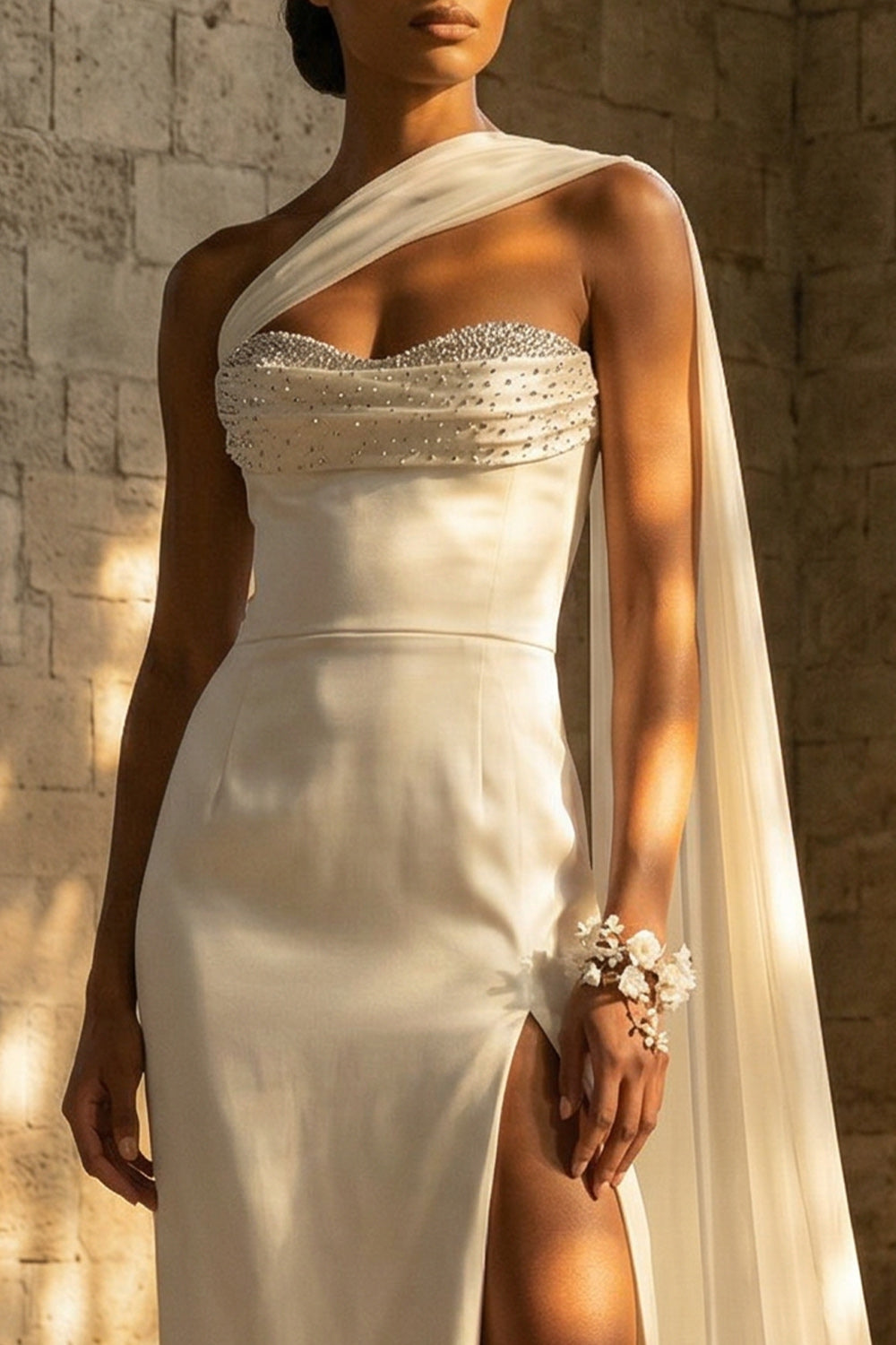 White Beach Sheath One Shoulder Maxi Wedding Reception Dress with Side Cape
