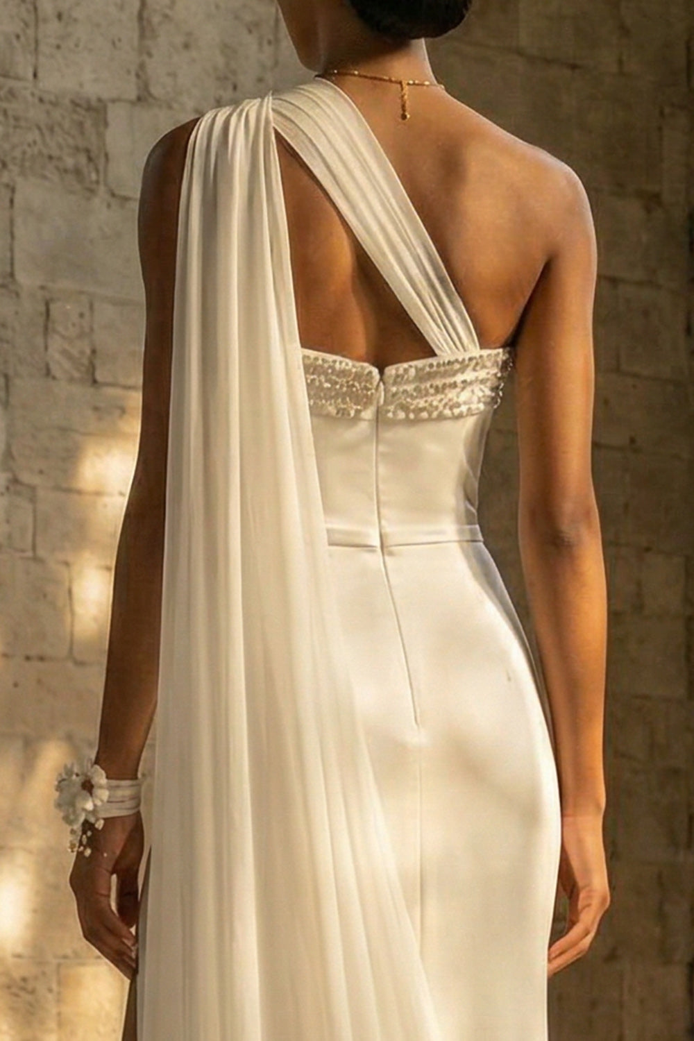White Beach Sheath One Shoulder Maxi Wedding Reception Dress with Side Cape