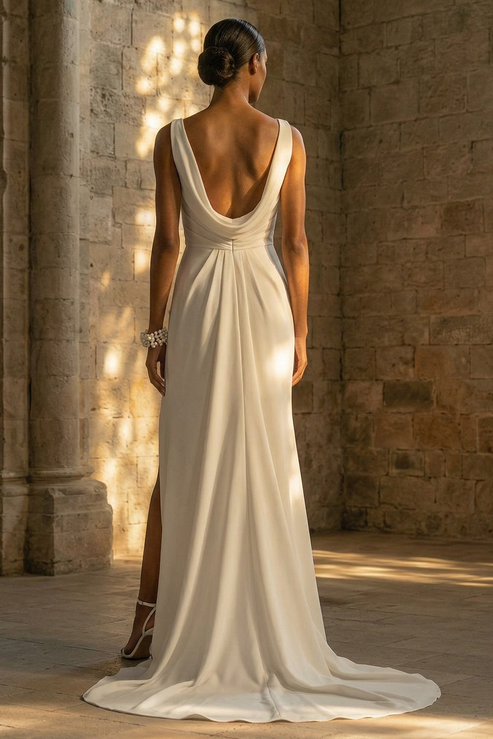 White Ruched Sheath Maxi Beach Wedding Reception Dress with Slit