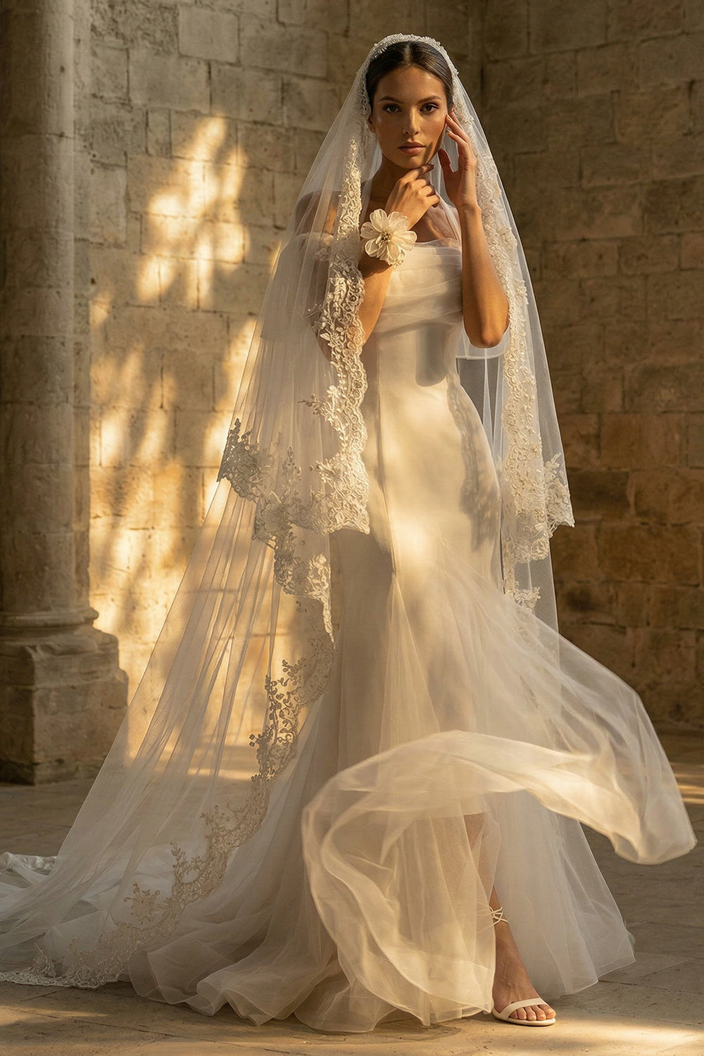 White Boho Mermaid Sweep Train Wedding Reception Dress