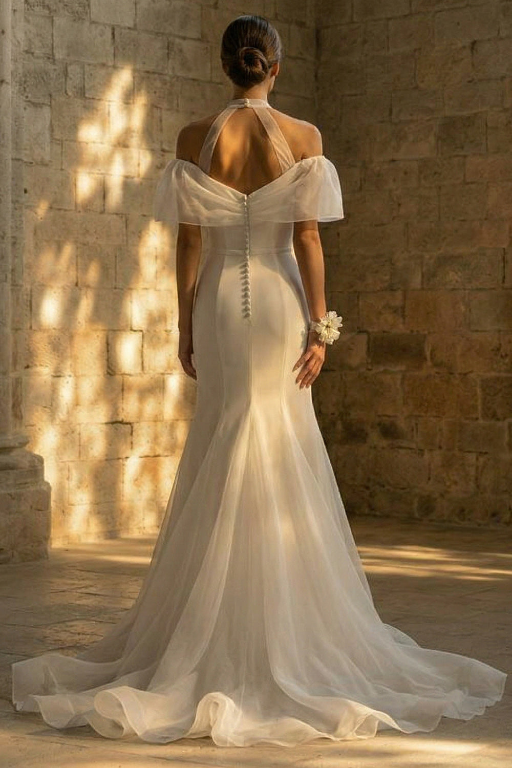 White Boho Mermaid Sweep Train Wedding Reception Dress