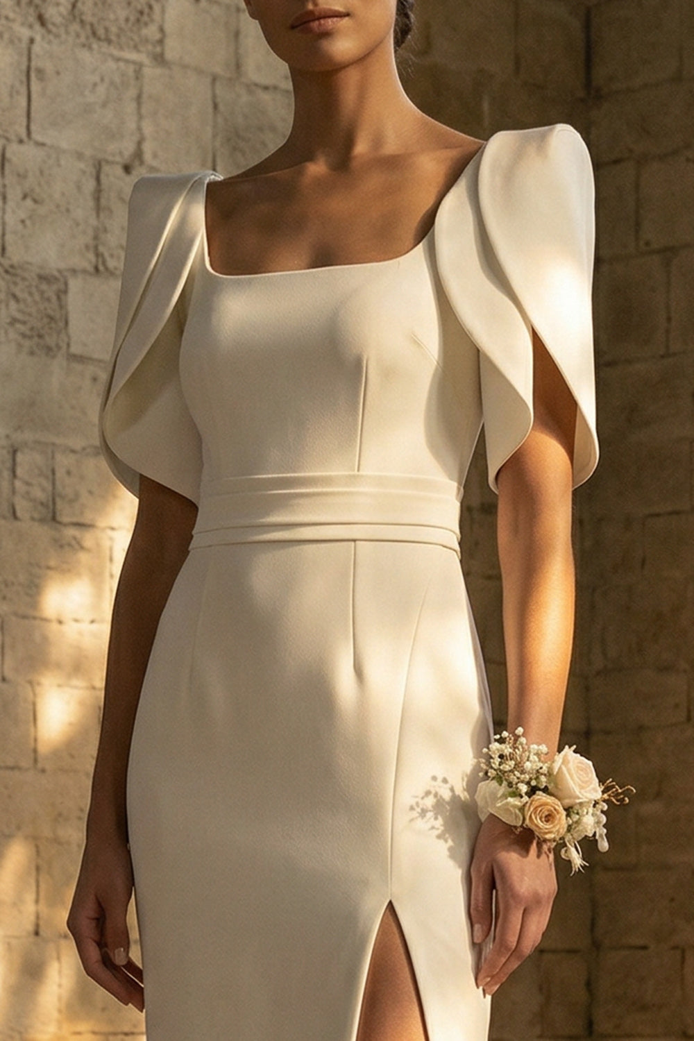 White Square Neck Sheath Boho Maxi Wedding Reception Dress with Slit