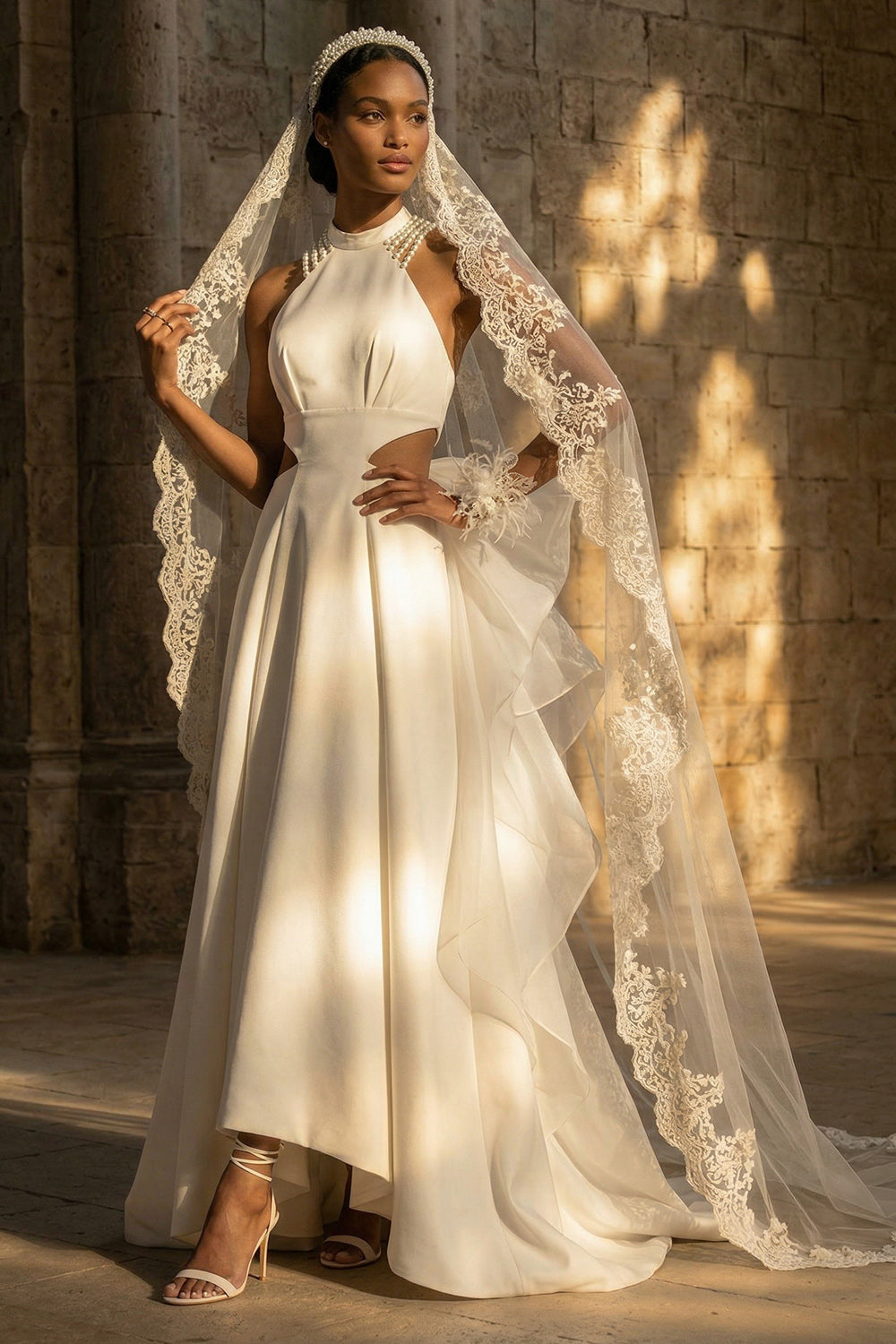 White High Neck A Line Maxi Boho Wedding Reception Dress