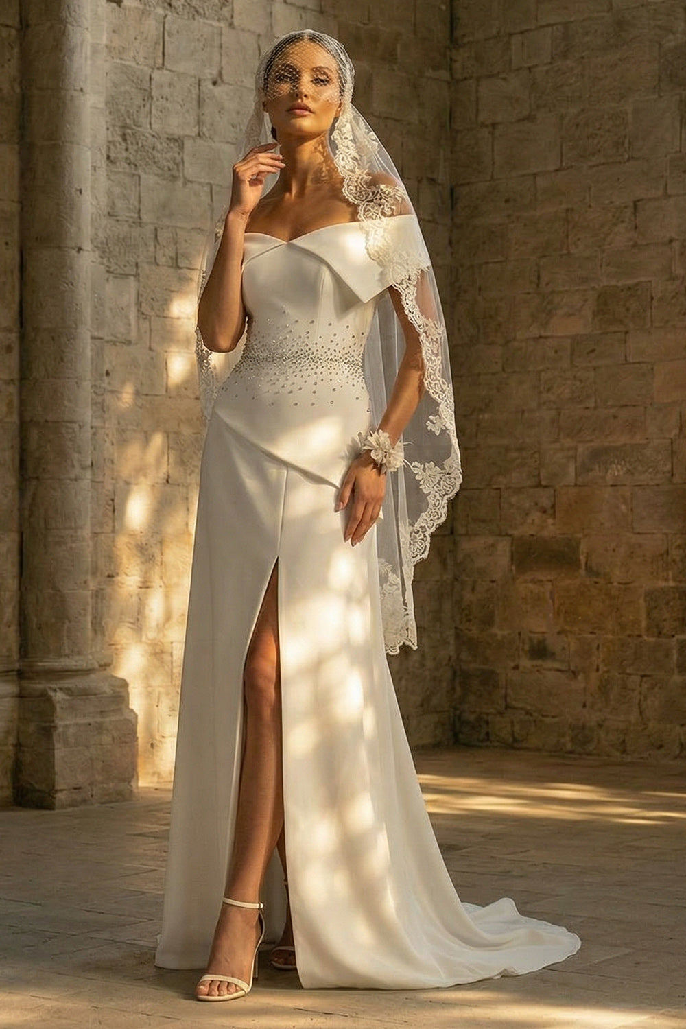 White Beaded Sheath Maxi Boho Wedding Reception Dress with Slit