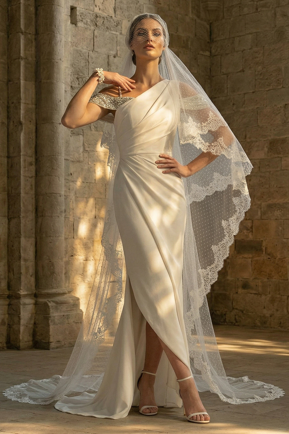 White Boho Mermaid Maxi Ruched Wedding Reception Dress