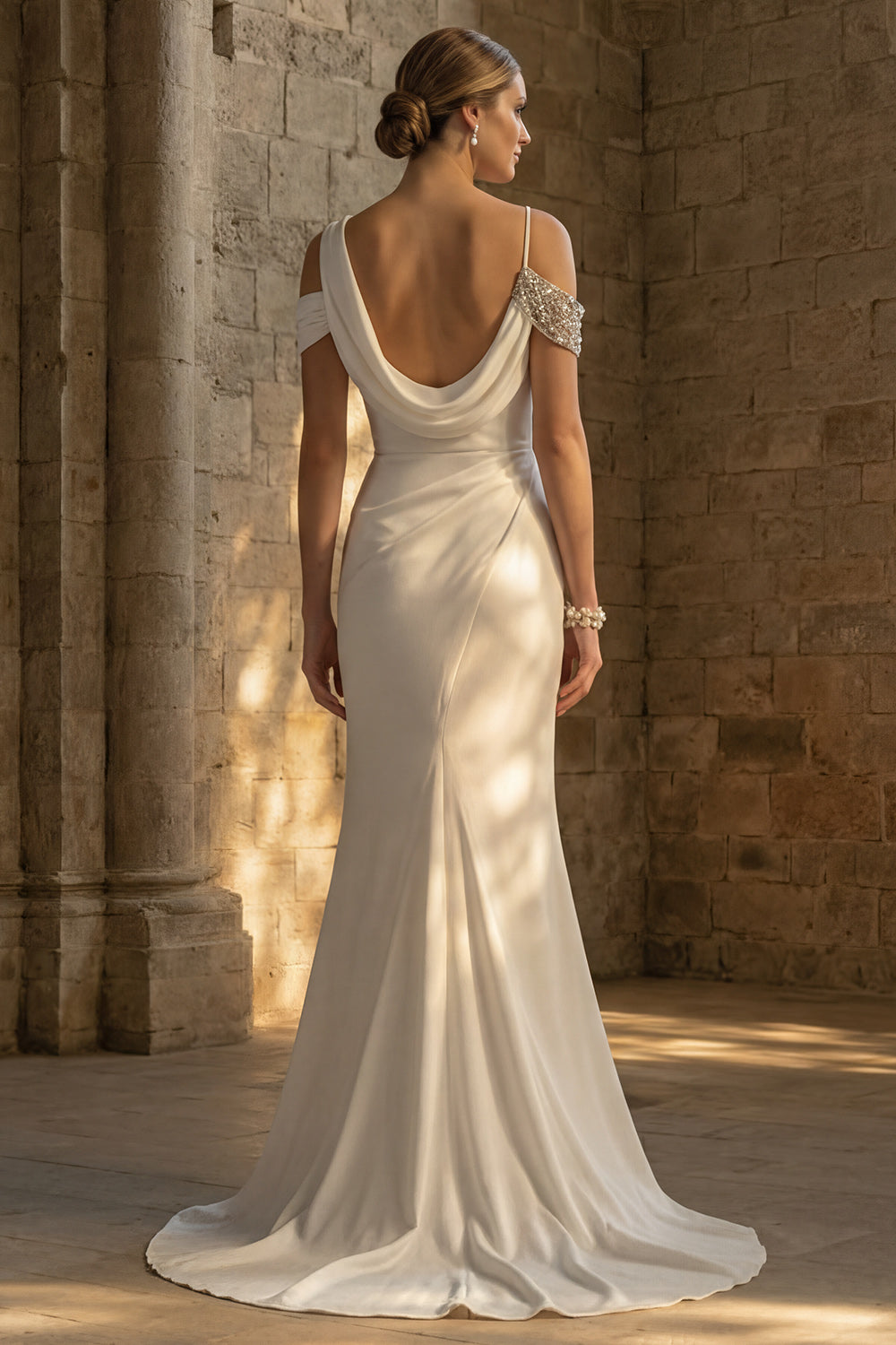 White Boho Mermaid Maxi Ruched Wedding Reception Dress