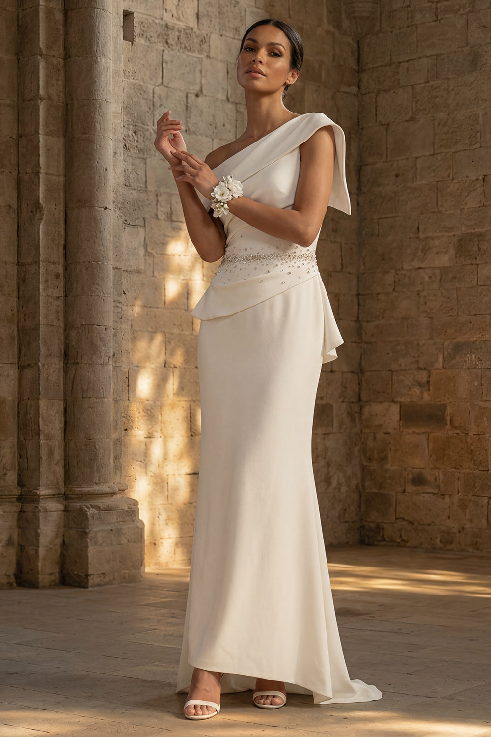 Mermaid Ruched White One Shoulder Maxi Boho Wedding Reception Dress