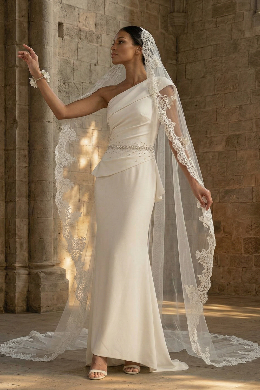 Mermaid Ruched White One Shoulder Maxi Boho Wedding Reception Dress