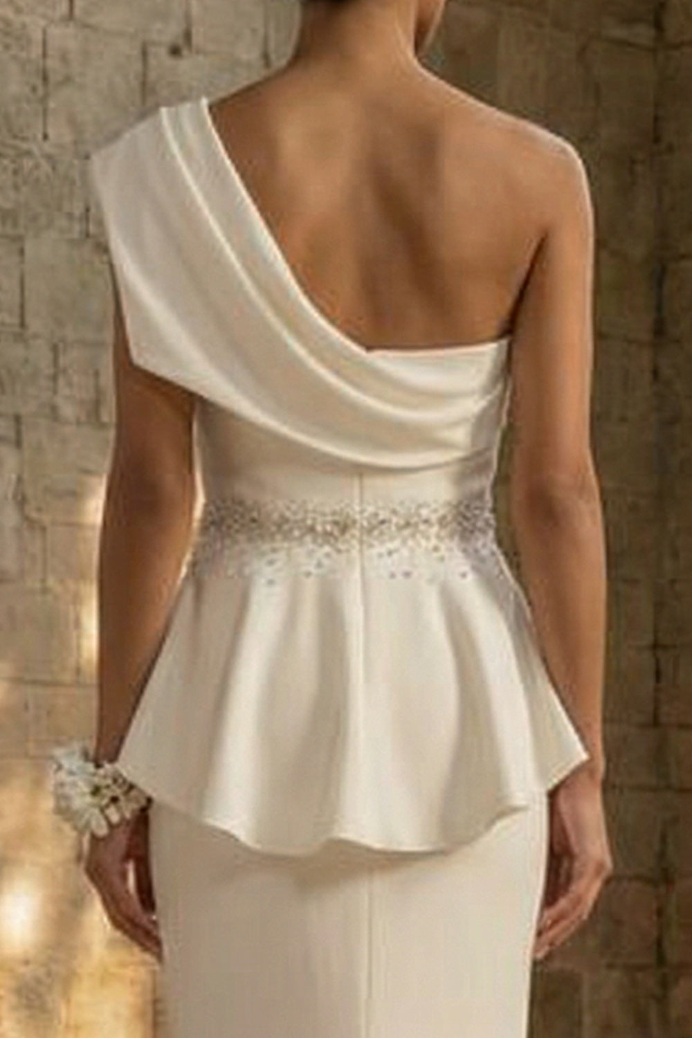 Mermaid Ruched White One Shoulder Maxi Boho Wedding Reception Dress