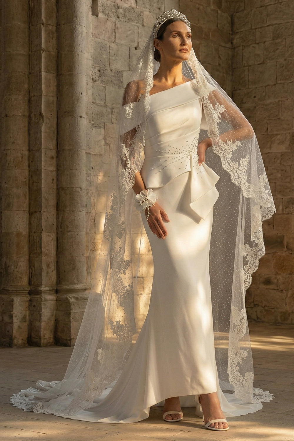 White Ruched Mermaid One Shoulder Sweep Train Boho Wedding Reception Dress with Ruffles