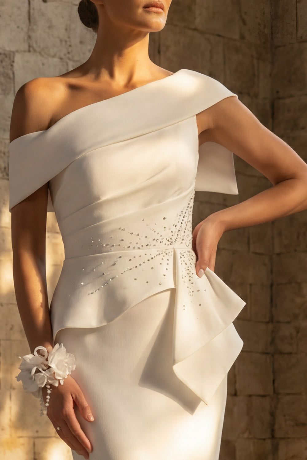 White Ruched Mermaid One Shoulder Sweep Train Boho Wedding Reception Dress with Ruffles