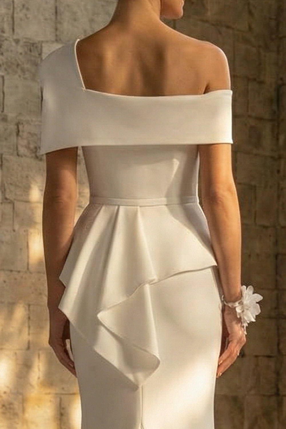 White Ruched Mermaid One Shoulder Sweep Train Boho Wedding Reception Dress with Ruffles