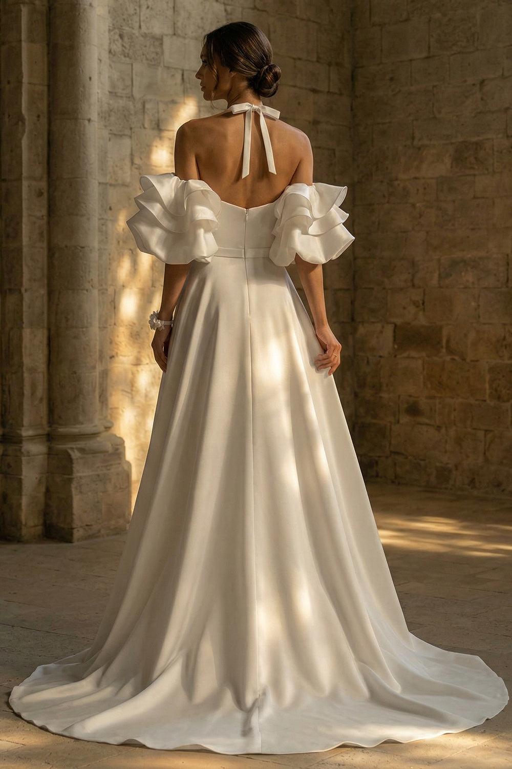 White Halter Backless Sweep Train Ruffled Boho Wedding Reception Dress