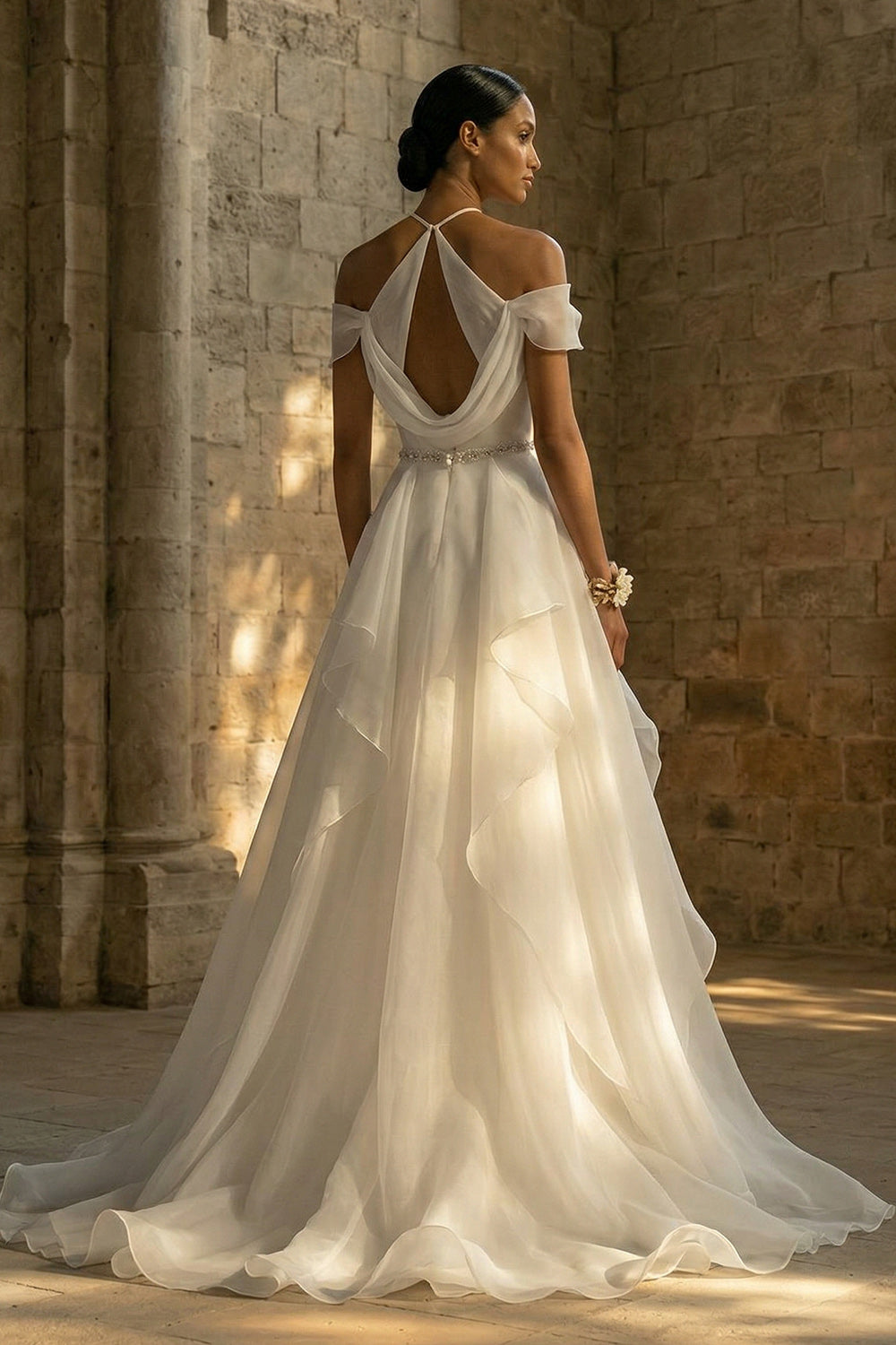 White Ruched Halter A Line Sweep Train Boho Wedding  Reception Dress with Ruffles