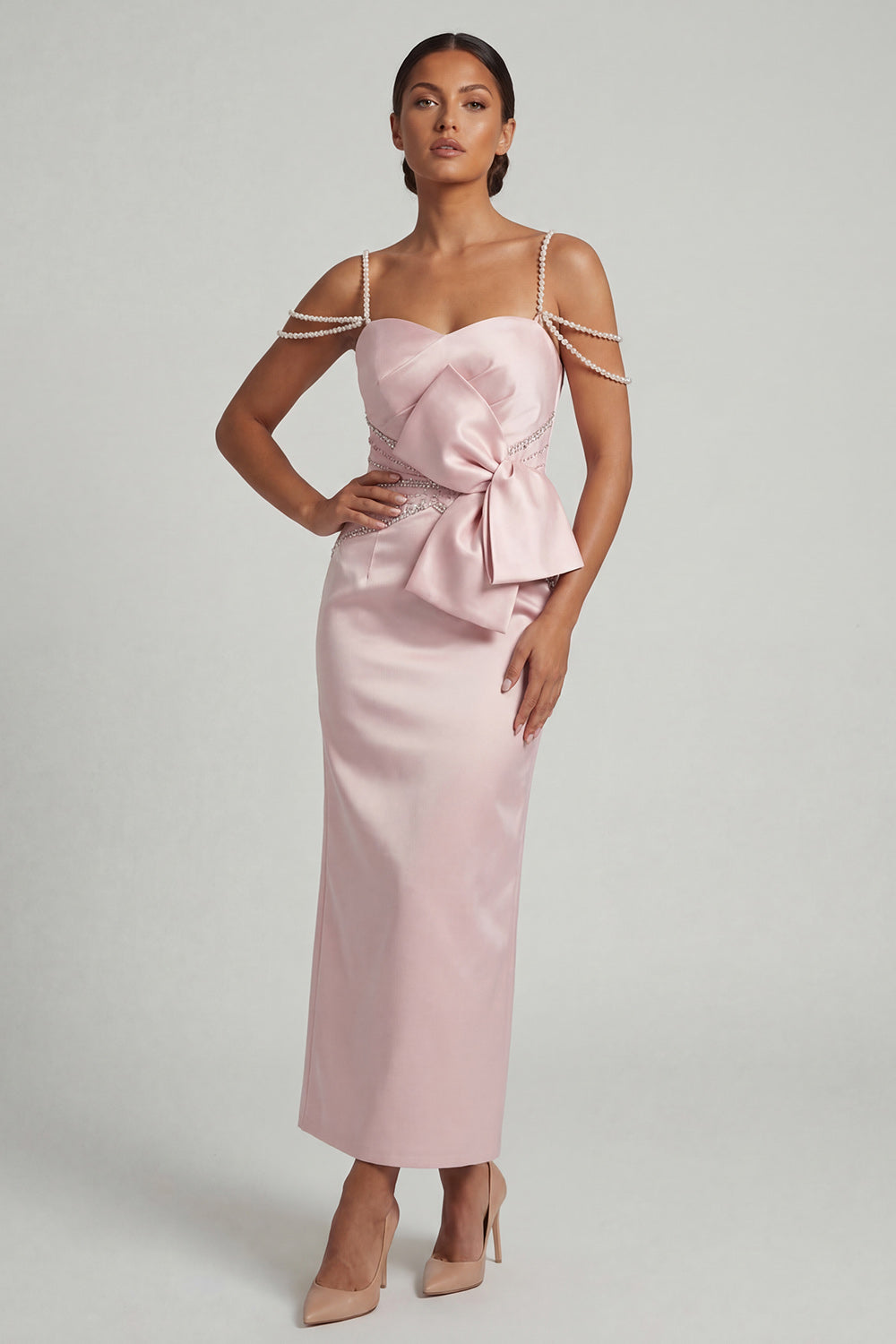 Sheath Blush Beaded Long Mother of the Bride Dress with Bow
