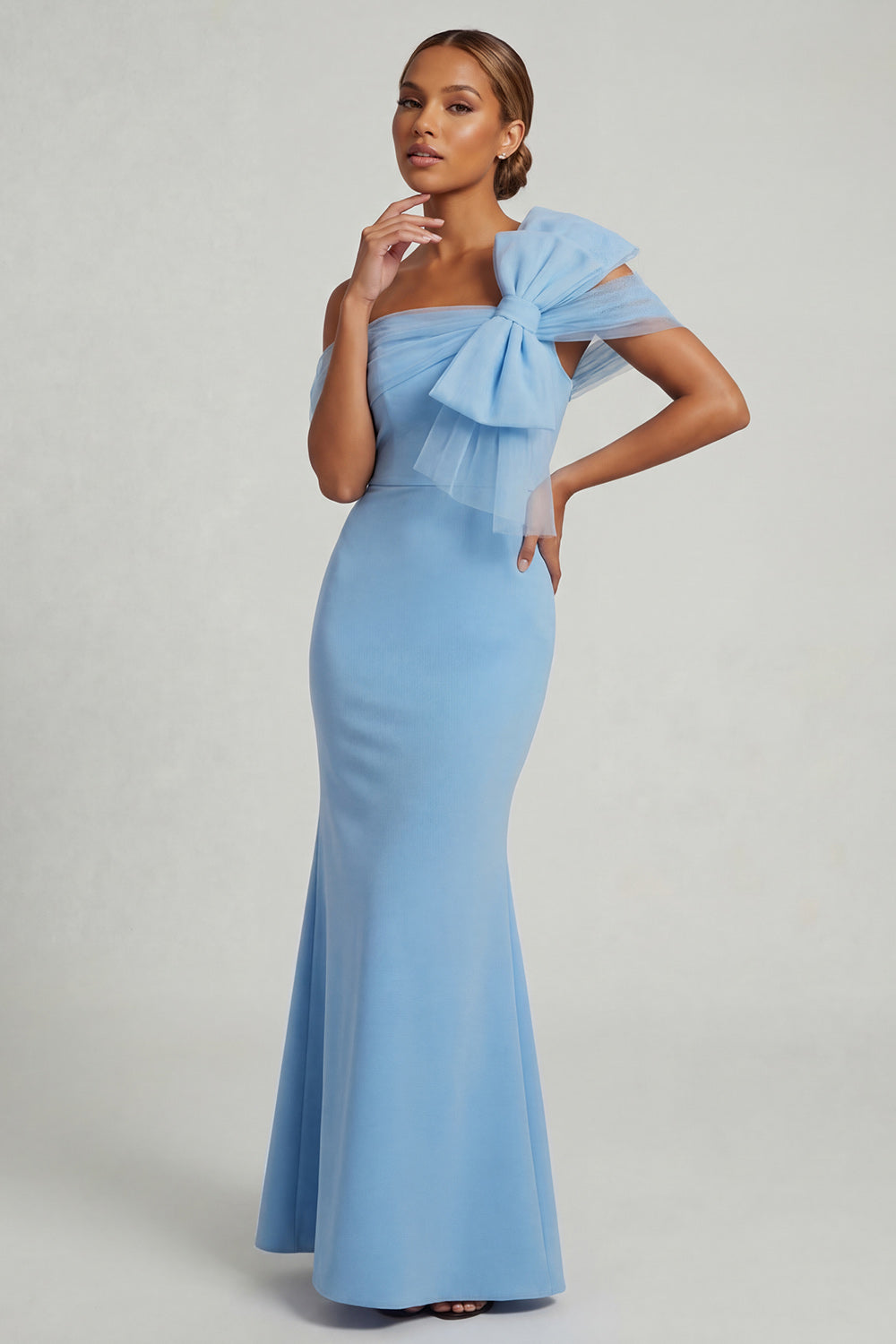 Sky Blue Long Mermaid Mother of the Bride Dress with Bow