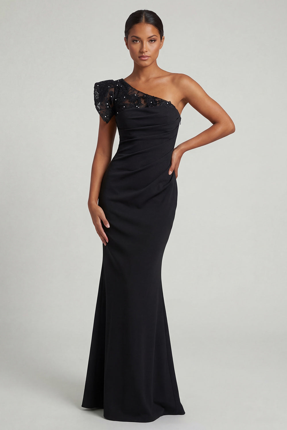Long Black Ruched One Shoulder Mermaid Mother of the Bride Dress with Lace