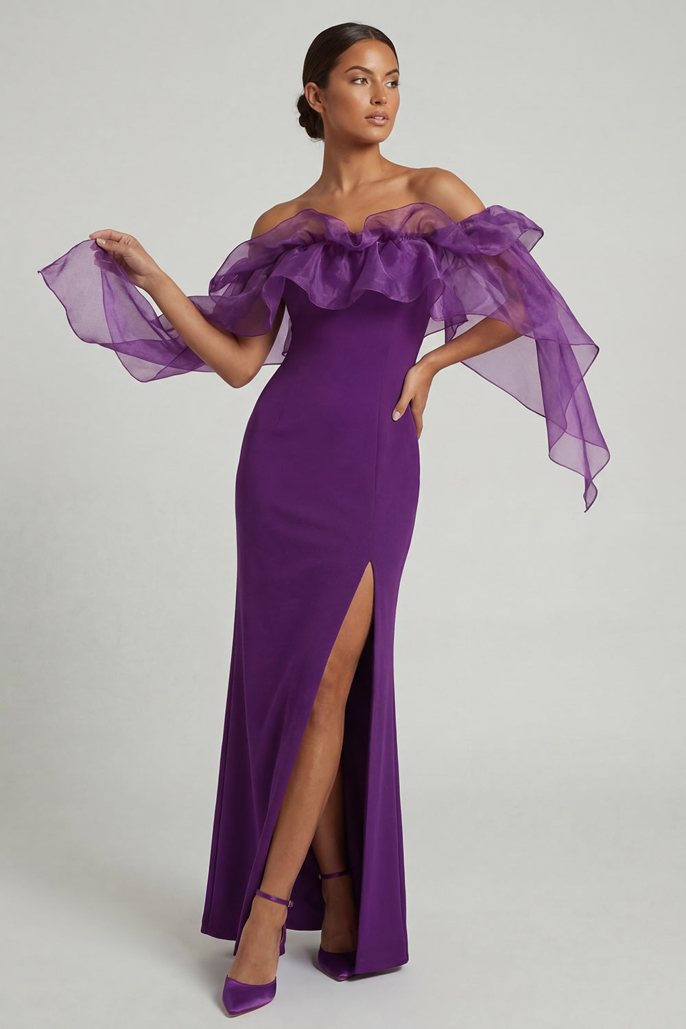 Purple Sheath Long Mother of the Bride Dress with Ruffles