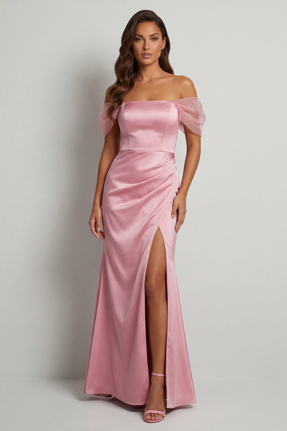 Pink Sheath Ruched Long Mother of the Bride Dress with Slit