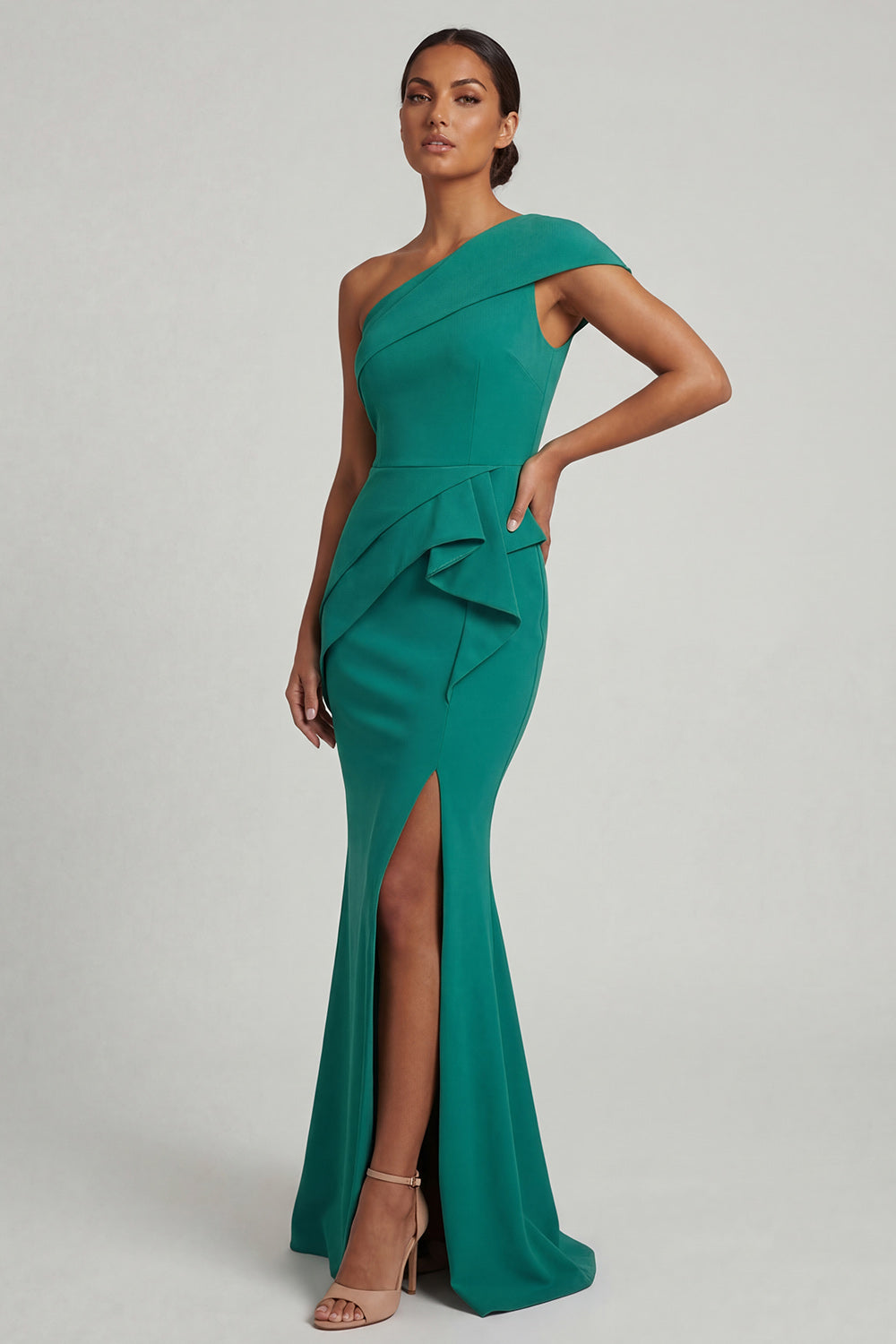 One Shoulder Long Dark Green Mermaid Mother of the Bride Dress with Ruffles