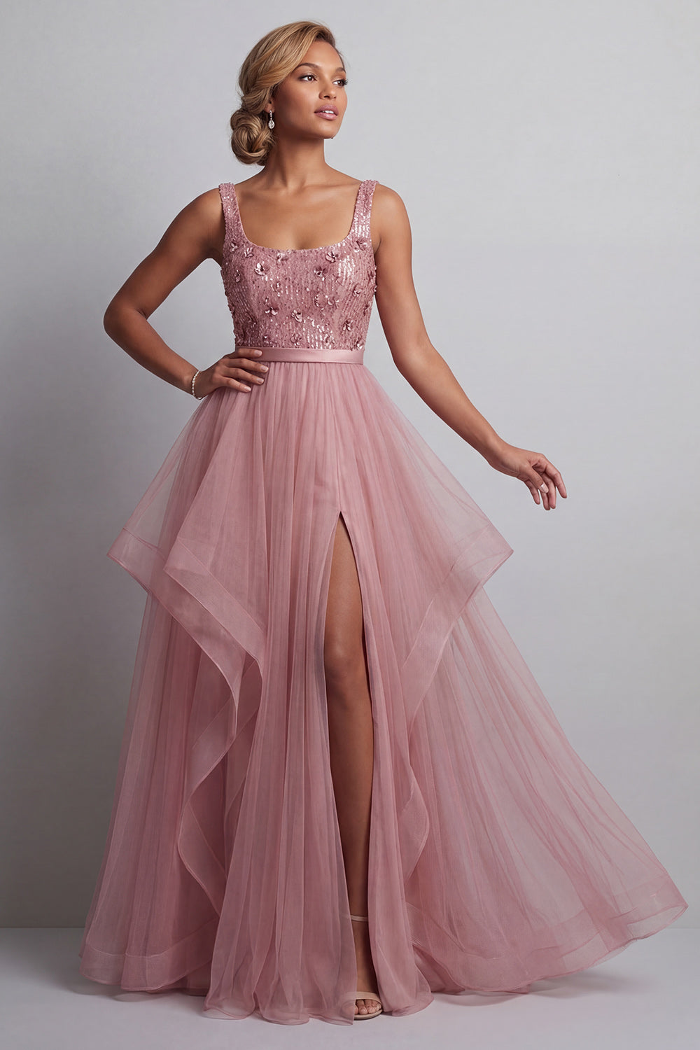 A Line Sparkly Pink Long Sequin Mother of the Bride Dress with Ruffles