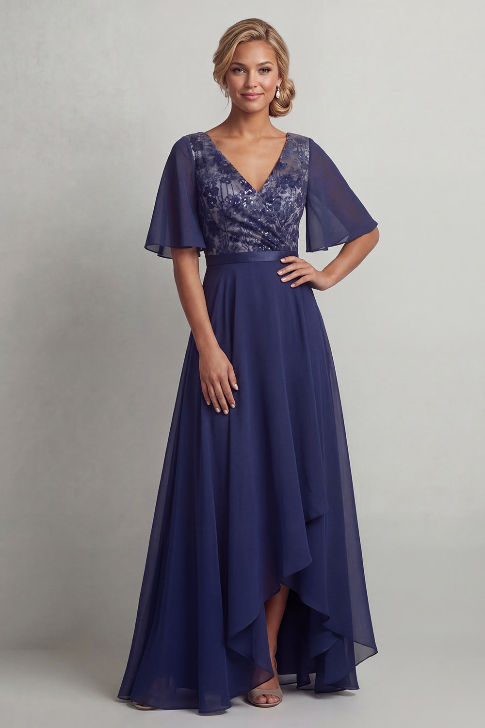 A Line V-Neck Navy Floral Asymmetrical Mother of the Bride Dress