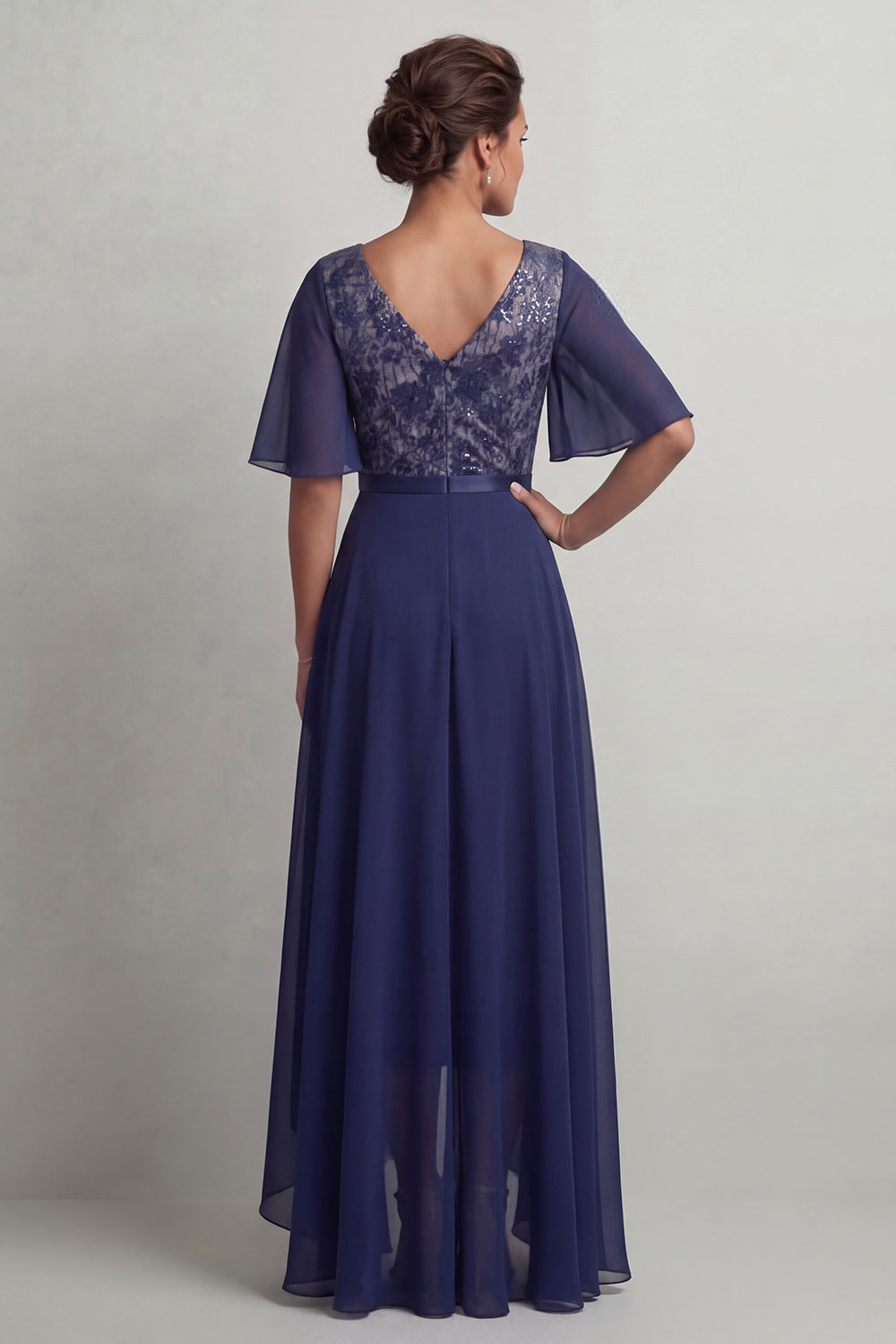 A Line V-Neck Navy Floral Asymmetrical Mother of the Bride Dress