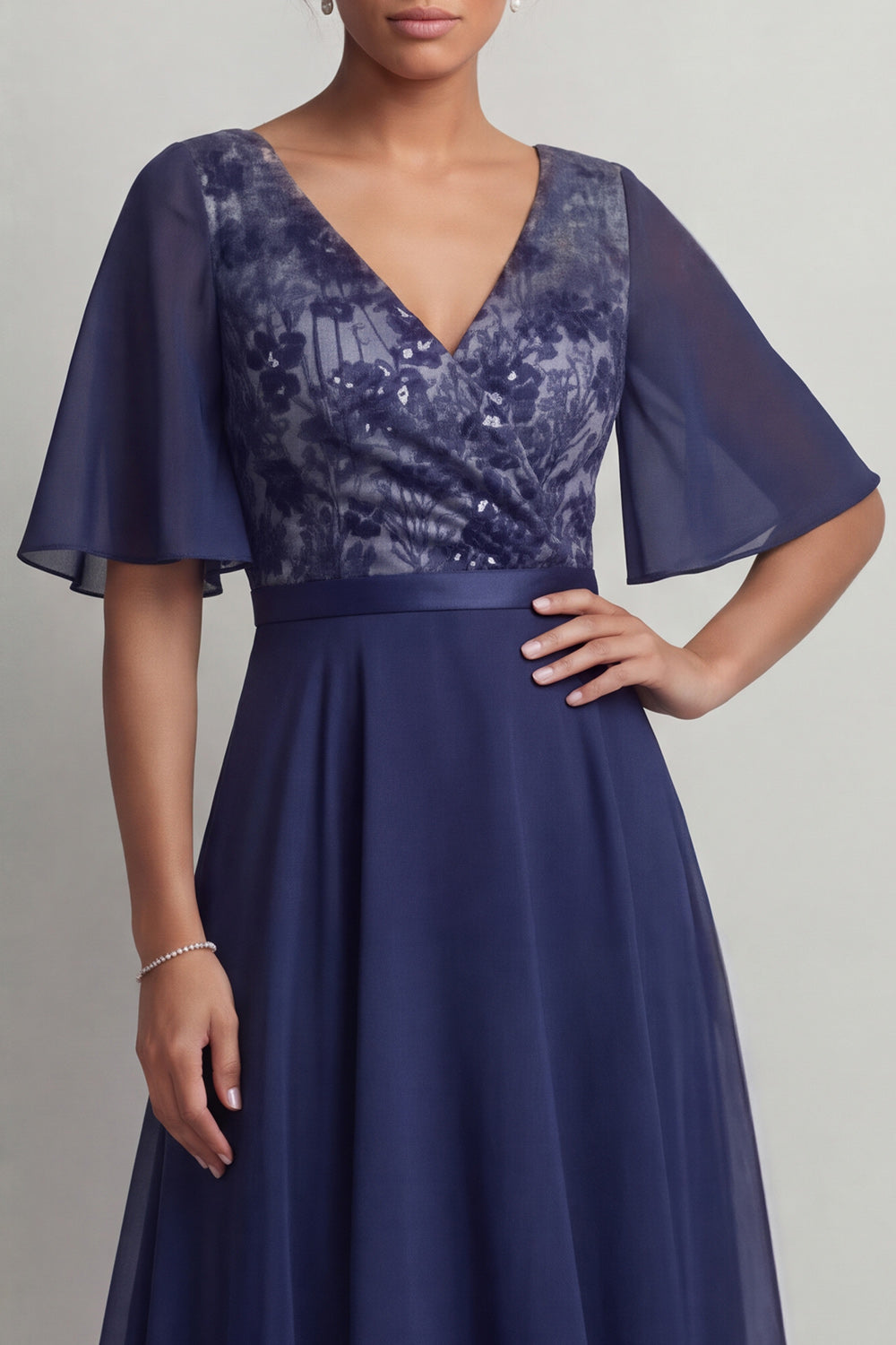 A Line V-Neck Navy Floral Asymmetrical Mother of the Bride Dress