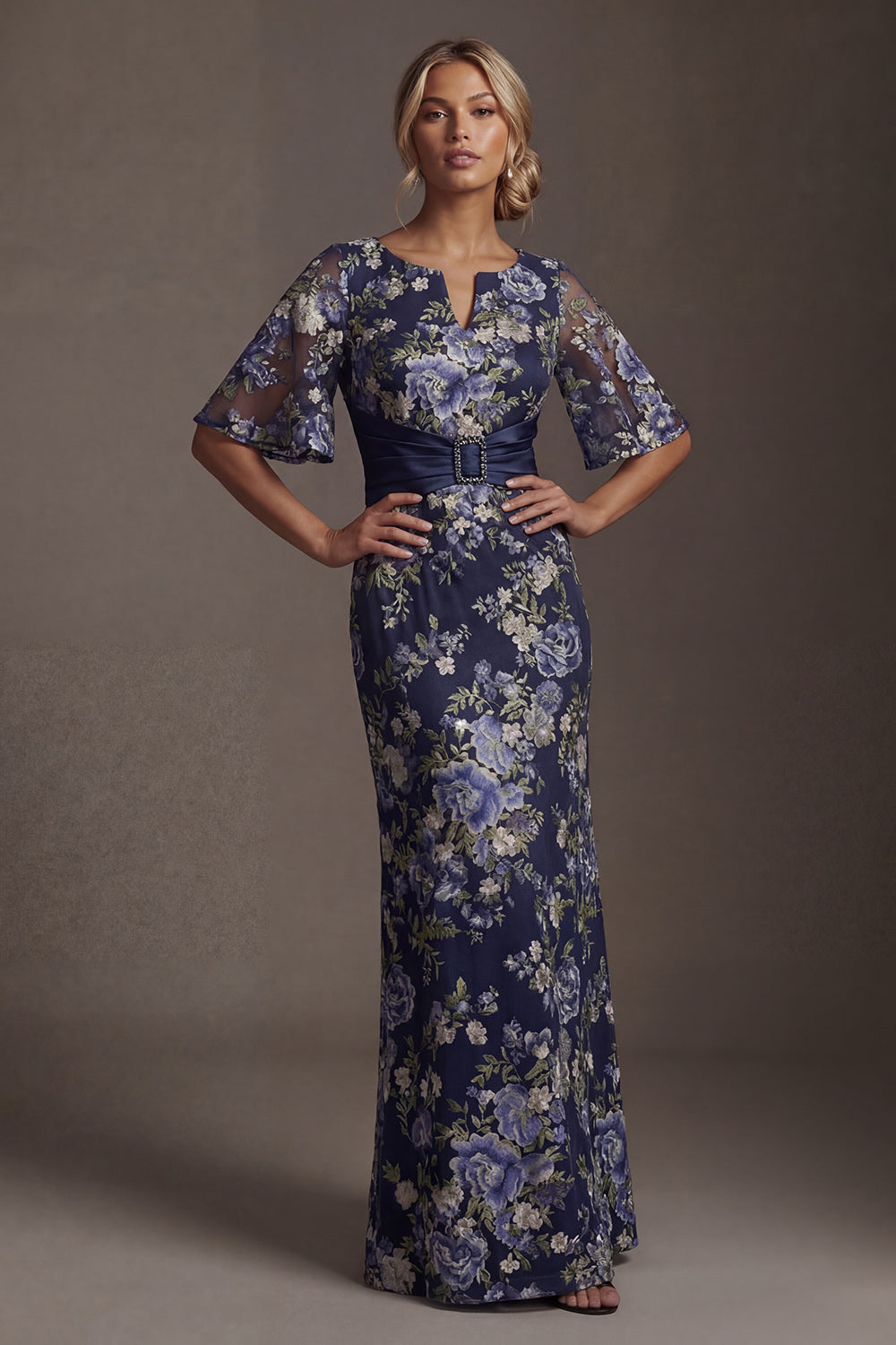 Navy Half Sleeves Sheath Long Floral Mother of the Bride Dress