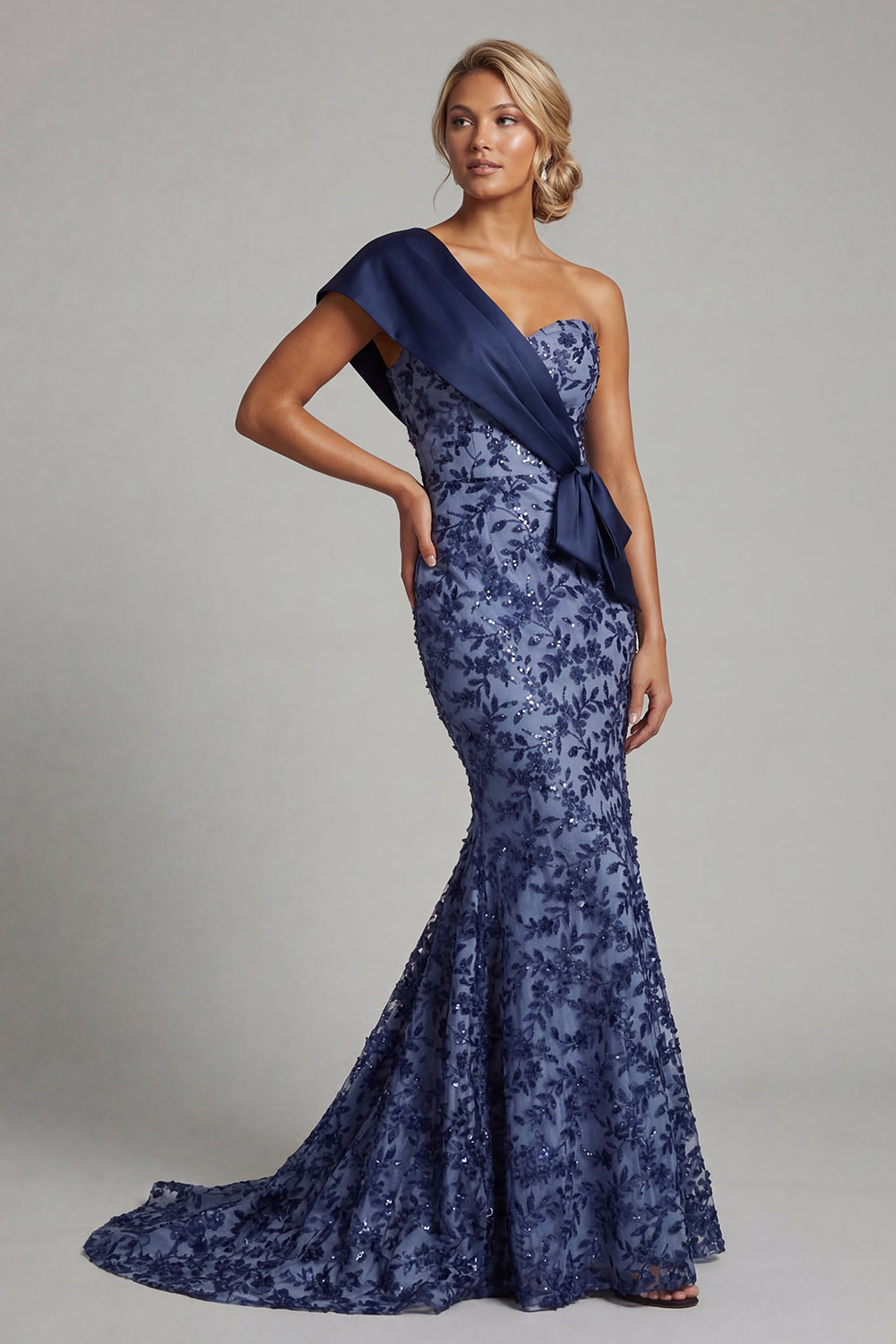 Navy Mermaid Long One Shoulder Floral Mother of the Bride Dress