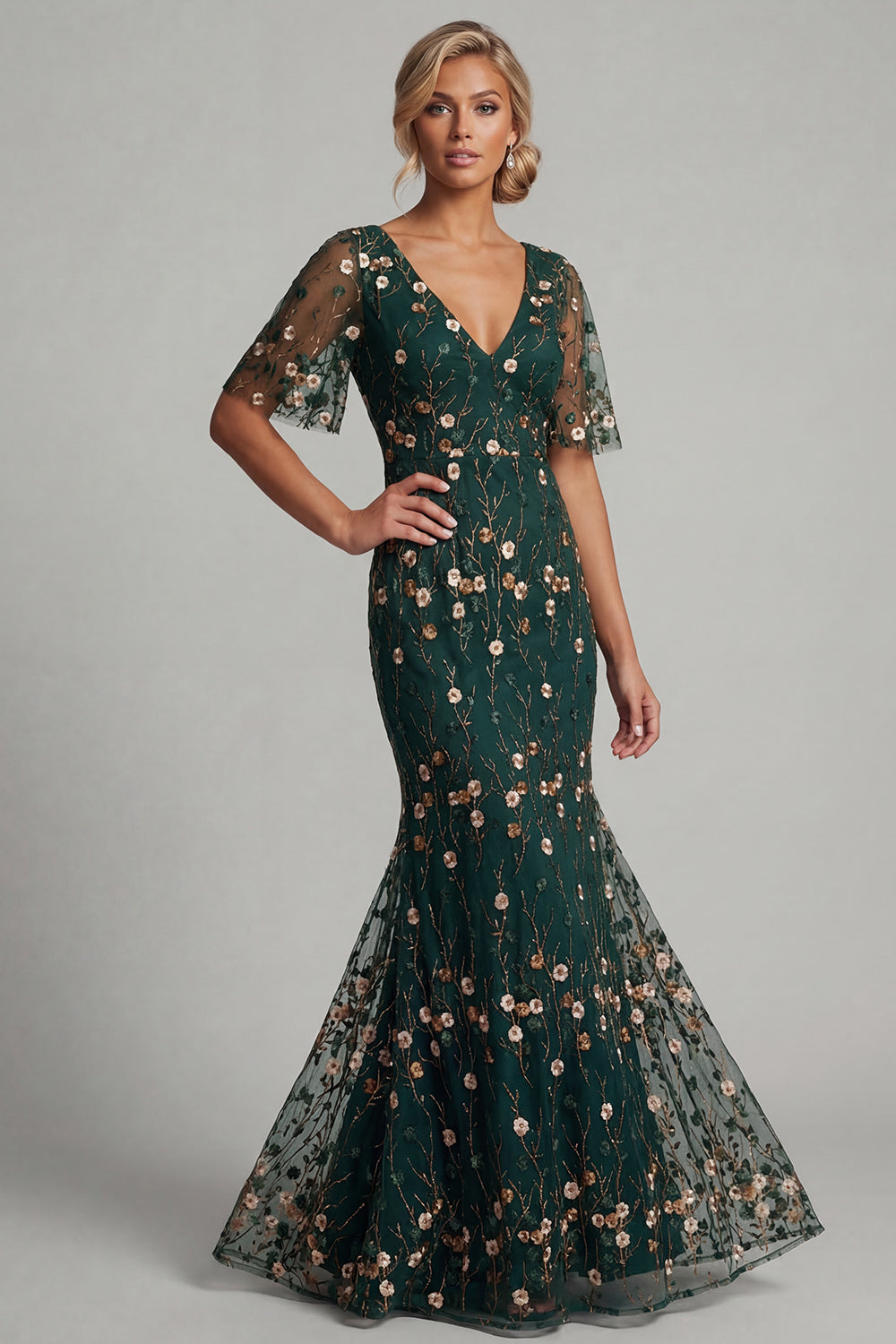 V-Neck Dark Green Long Mermaid Floral Mother of the Bride Dress