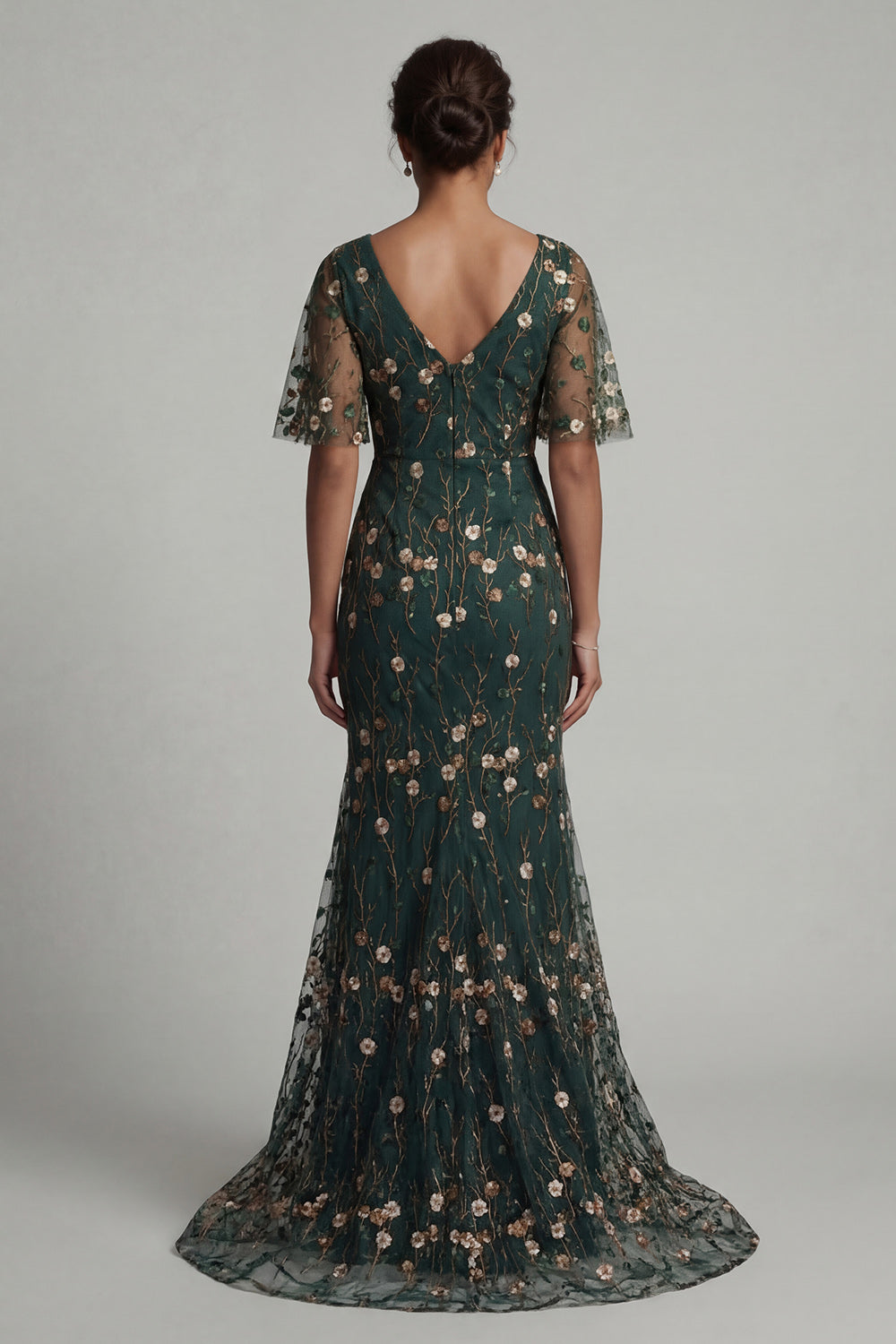 V-Neck Dark Green Long Mermaid Floral Mother of the Bride Dress